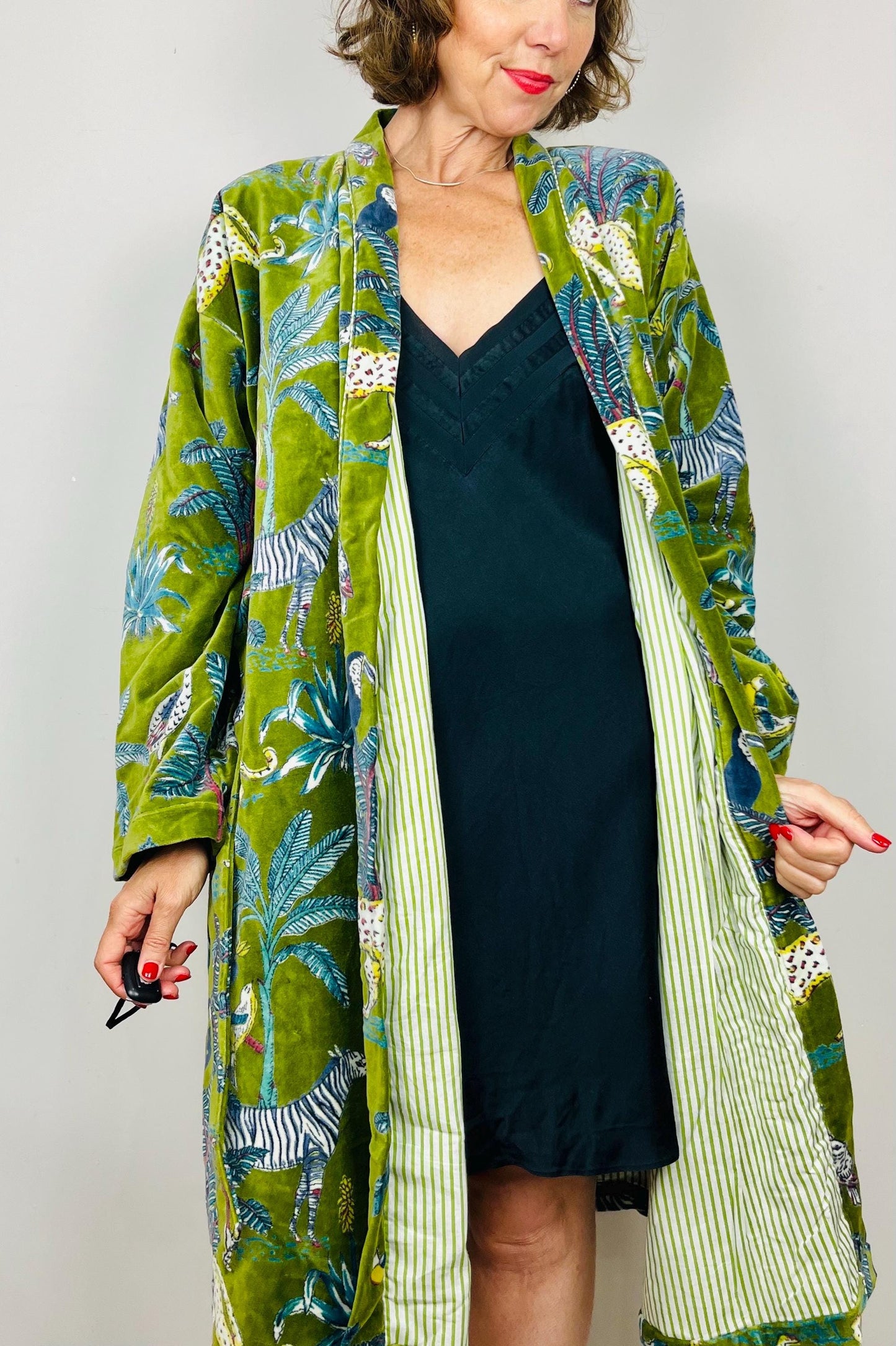 Velvet Kimono Robe | Womens Cotton Lined Dressing Gown | Velour House Coat | Luxury Loungewear For Her | Green Evening Jacket | Handmade
