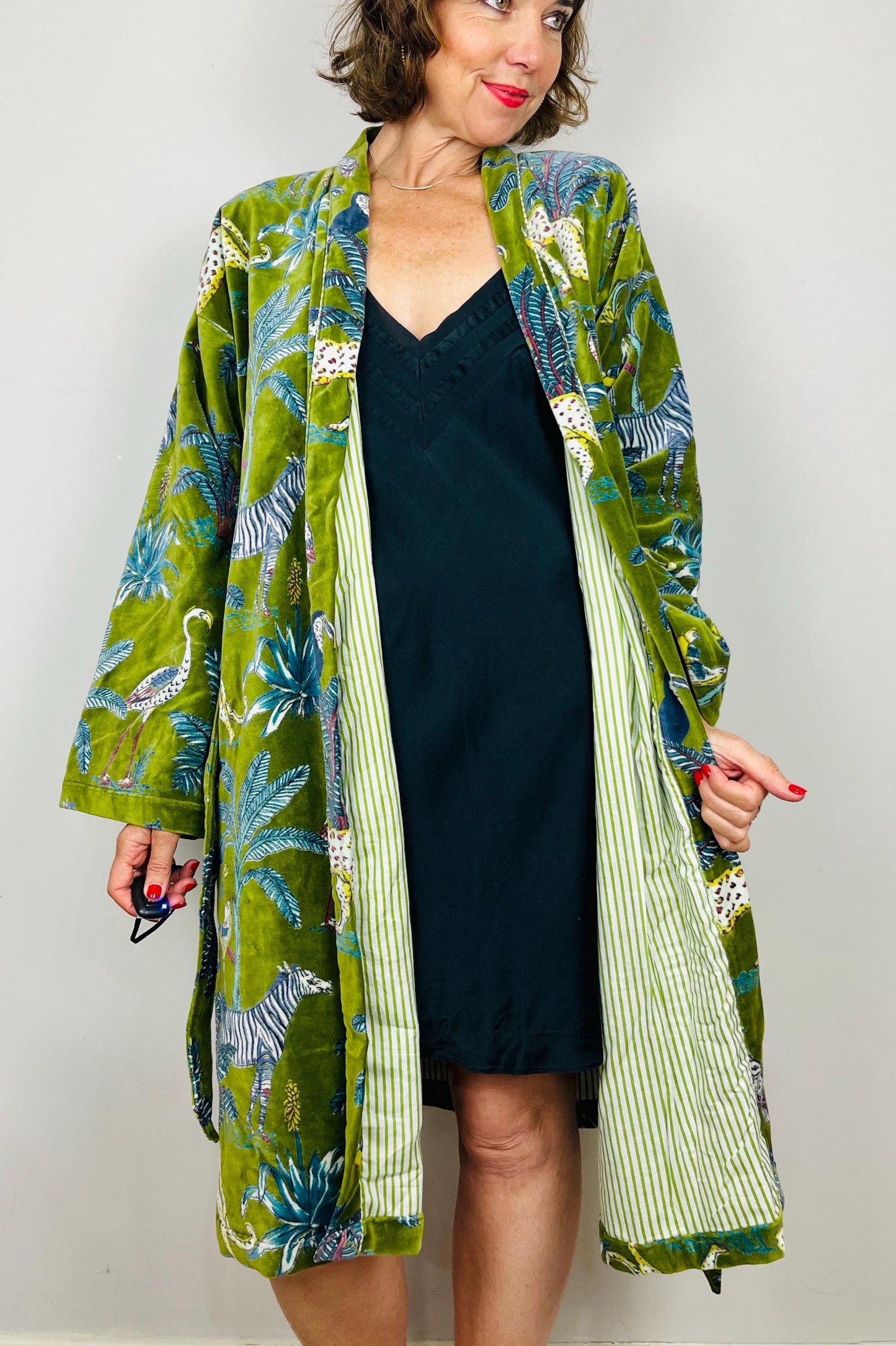 Velvet Kimono Robe | Womens Cotton Lined Dressing Gown | Velour House Coat | Luxury Loungewear For Her | Green Evening Jacket | Handmade