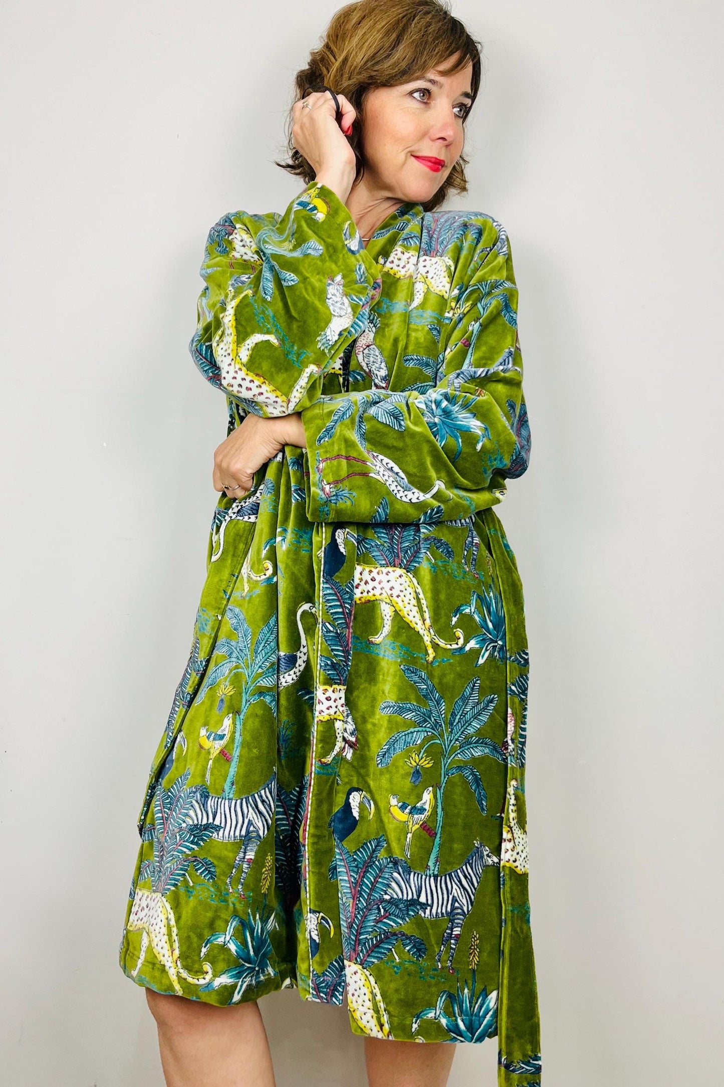Velvet Kimono Robe | Womens Cotton Lined Dressing Gown | Velour House Coat | Luxury Loungewear For Her | Green Evening Jacket | Handmade