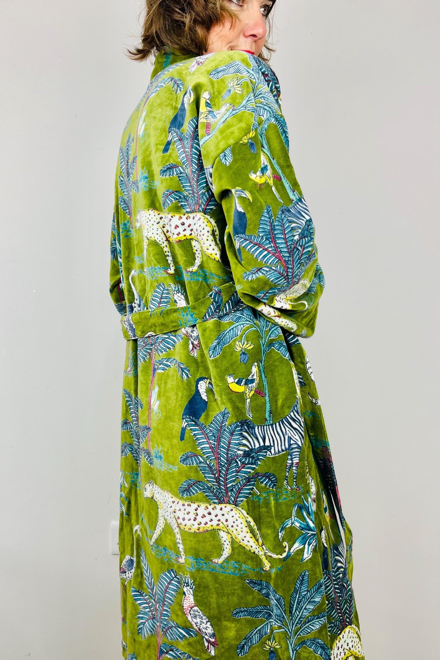 Velvet Kimono Robe | Womens Cotton Lined Dressing Gown | Velour House Coat | Luxury Loungewear For Her | Green Evening Jacket | Handmade