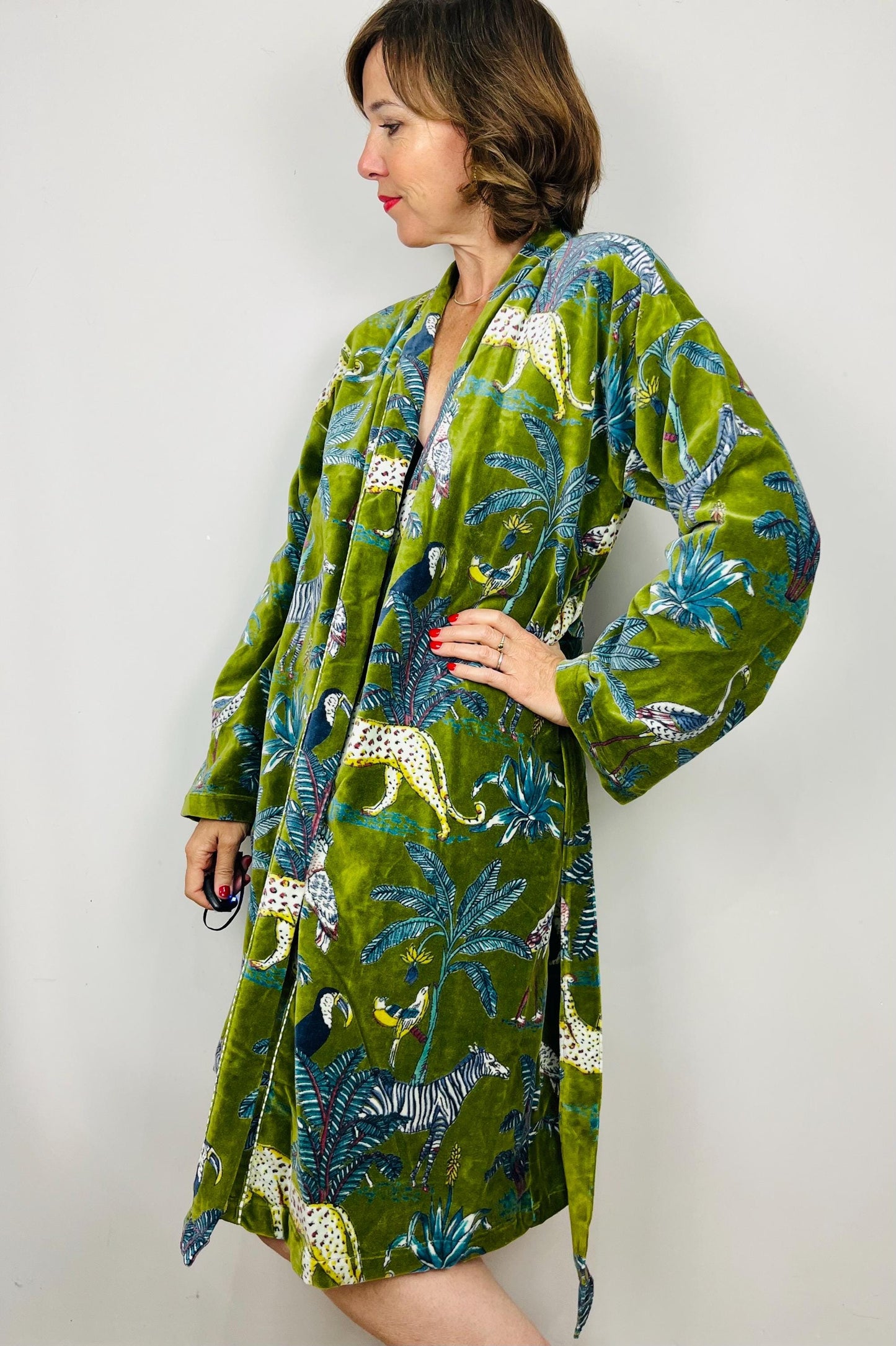 Velvet Kimono Robe | Womens Cotton Lined Dressing Gown | Velour House Coat | Luxury Loungewear For Her | Green Evening Jacket | Handmade