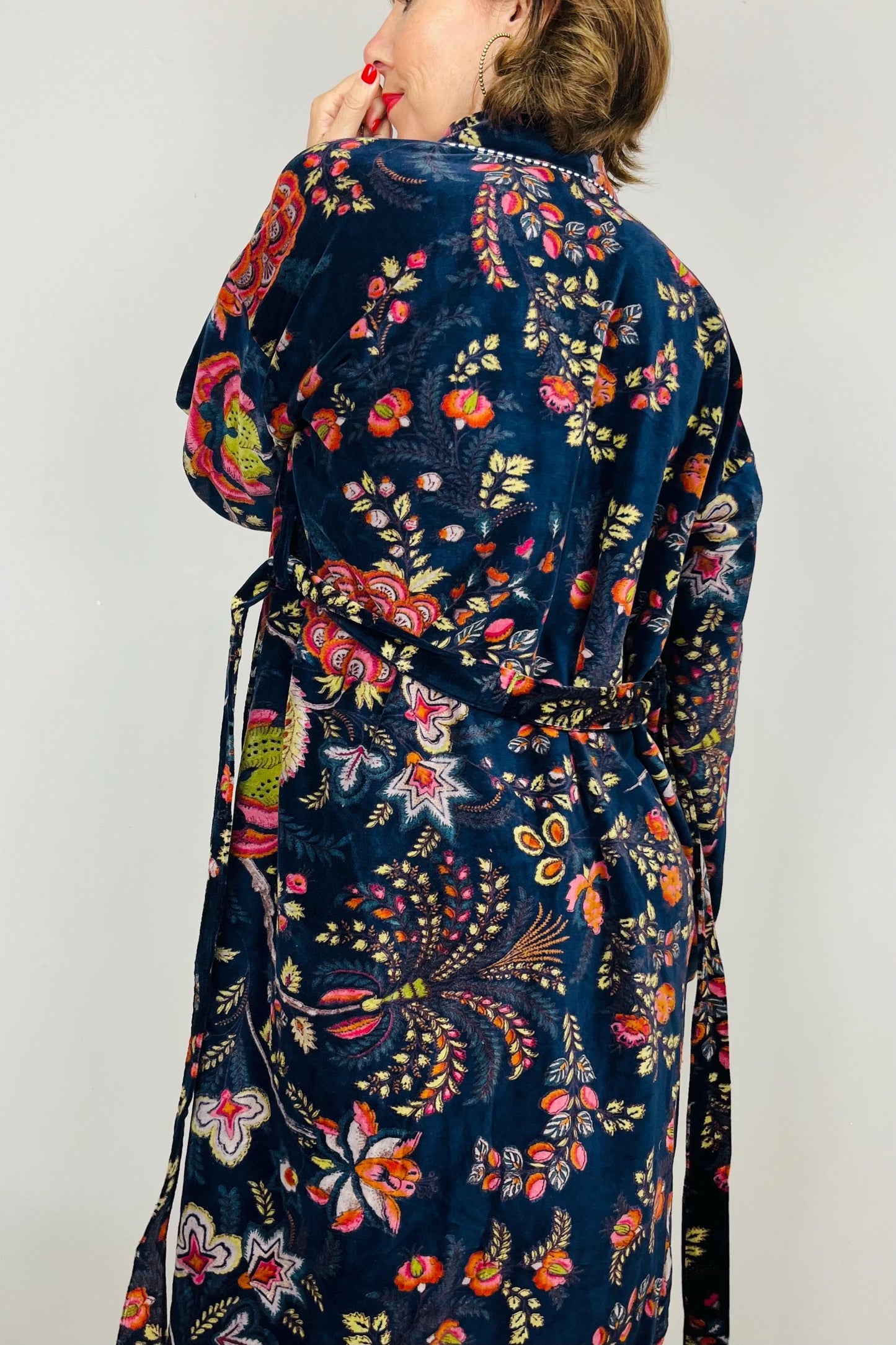 Velvet Kimono Robe | Womens Cotton Lined Dressing Gown | Velour House Coat | Luxury Loungewear For Her | Navy Blue Evening Jacket | Handmade