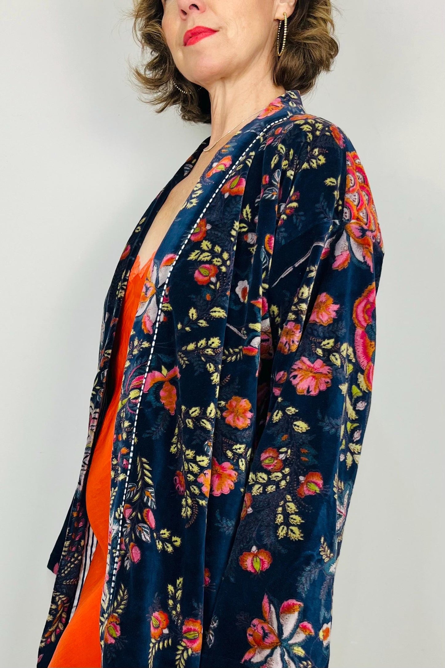 Velvet Kimono Robe | Womens Cotton Lined Dressing Gown | Velour House Coat | Luxury Loungewear For Her | Navy Blue Evening Jacket | Handmade