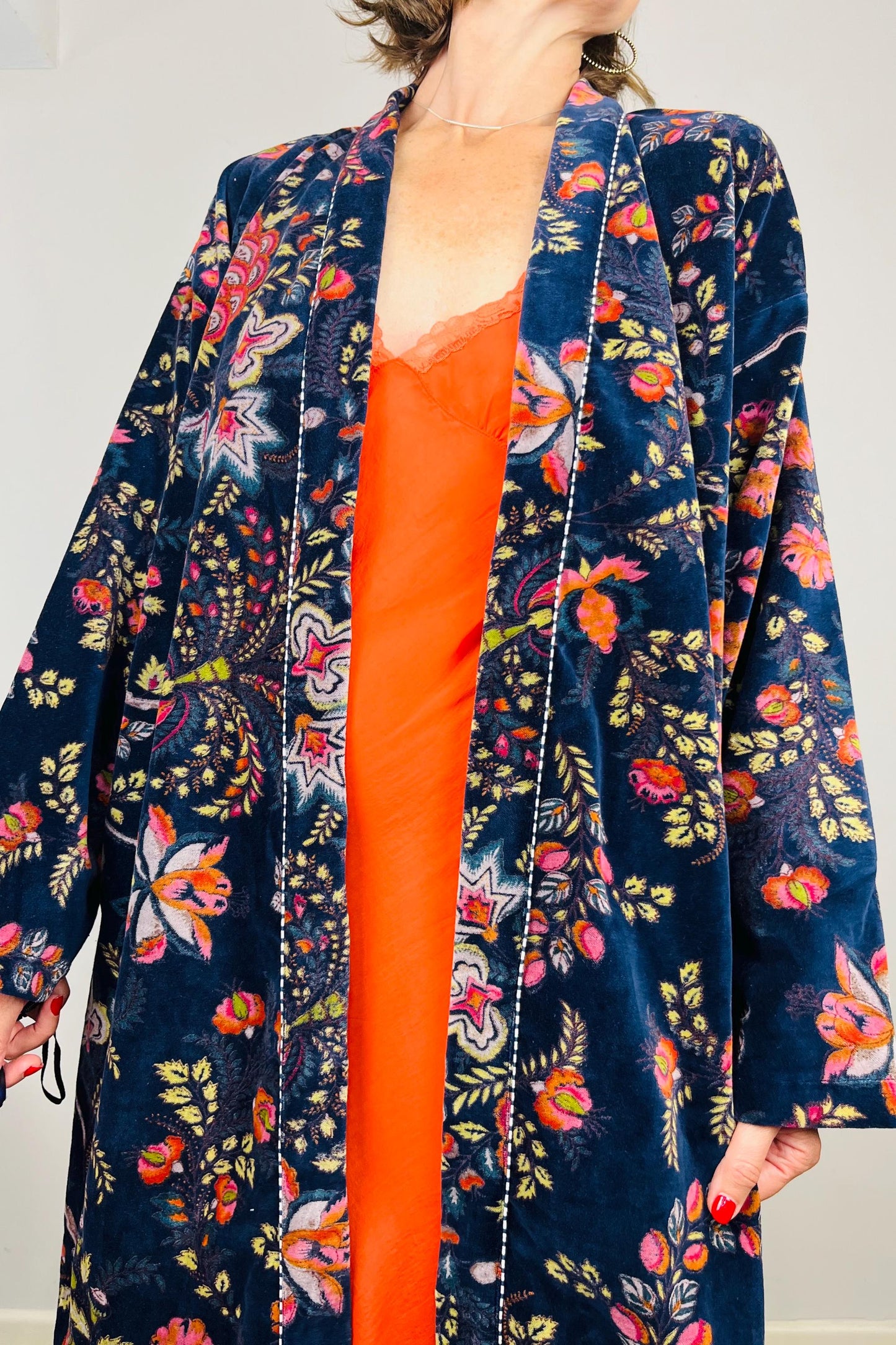Velvet Kimono Robe | Womens Cotton Lined Dressing Gown | Velour House Coat | Luxury Loungewear For Her | Navy Blue Evening Jacket | Handmade