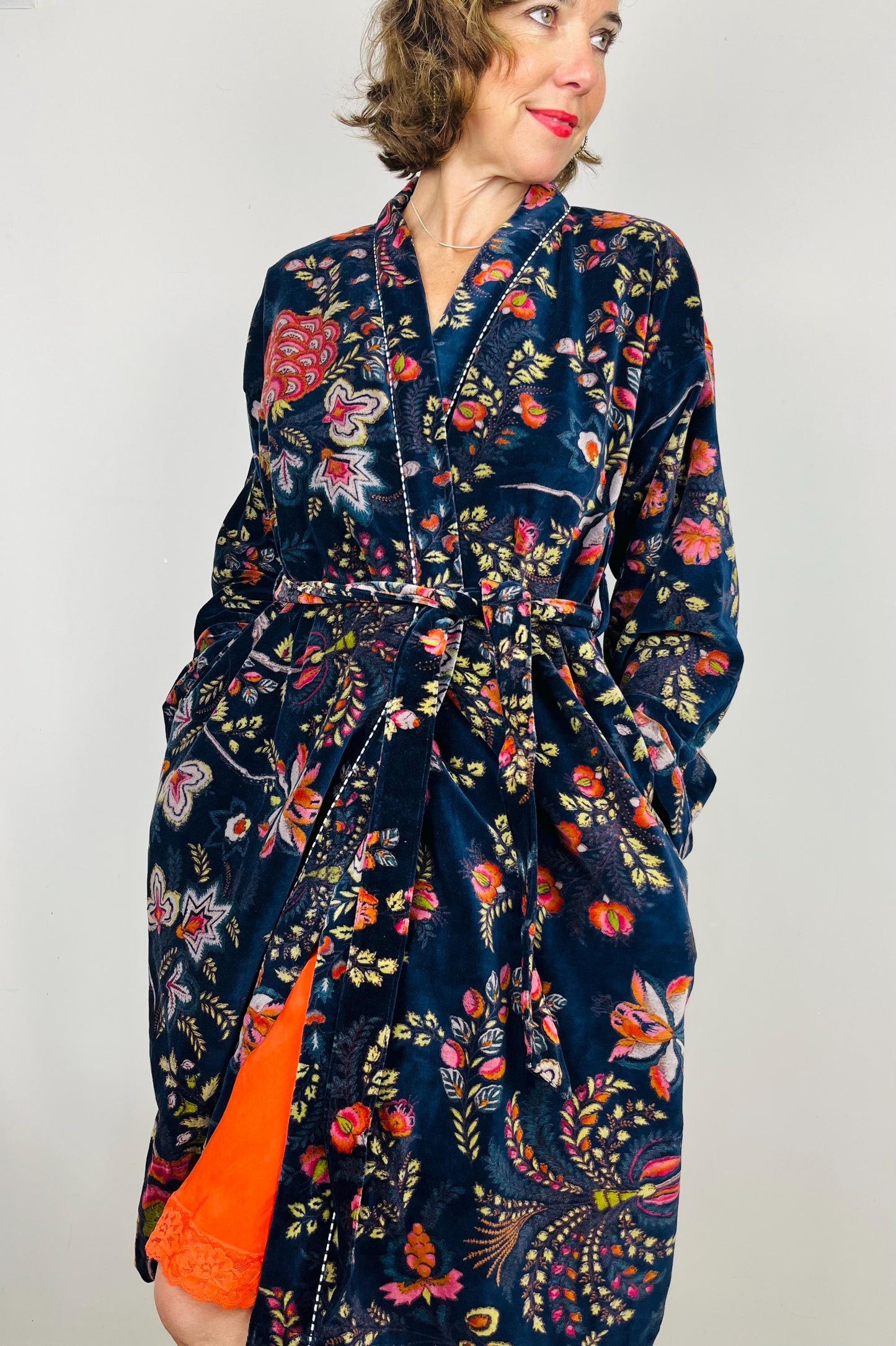 Velvet Kimono Robe | Womens Cotton Lined Dressing Gown | Velour House Coat | Luxury Loungewear For Her | Navy Blue Evening Jacket | Handmade