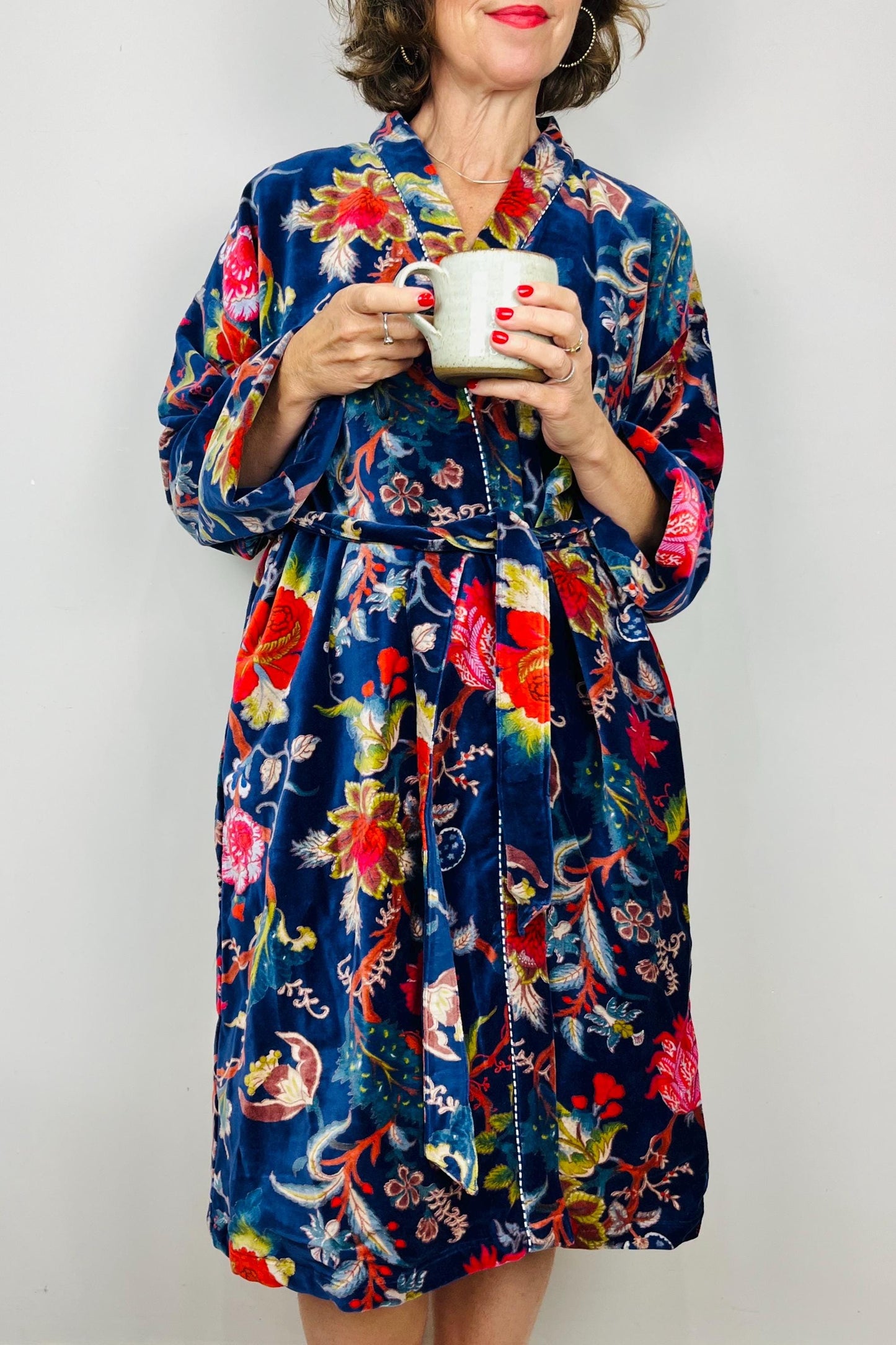 Velvet Kimono Robe | Womens Cotton Lined Dressing Gown | Velour House Coat | Luxury Loungewear For Her | Navy Blue Evening Jacket | Handmade