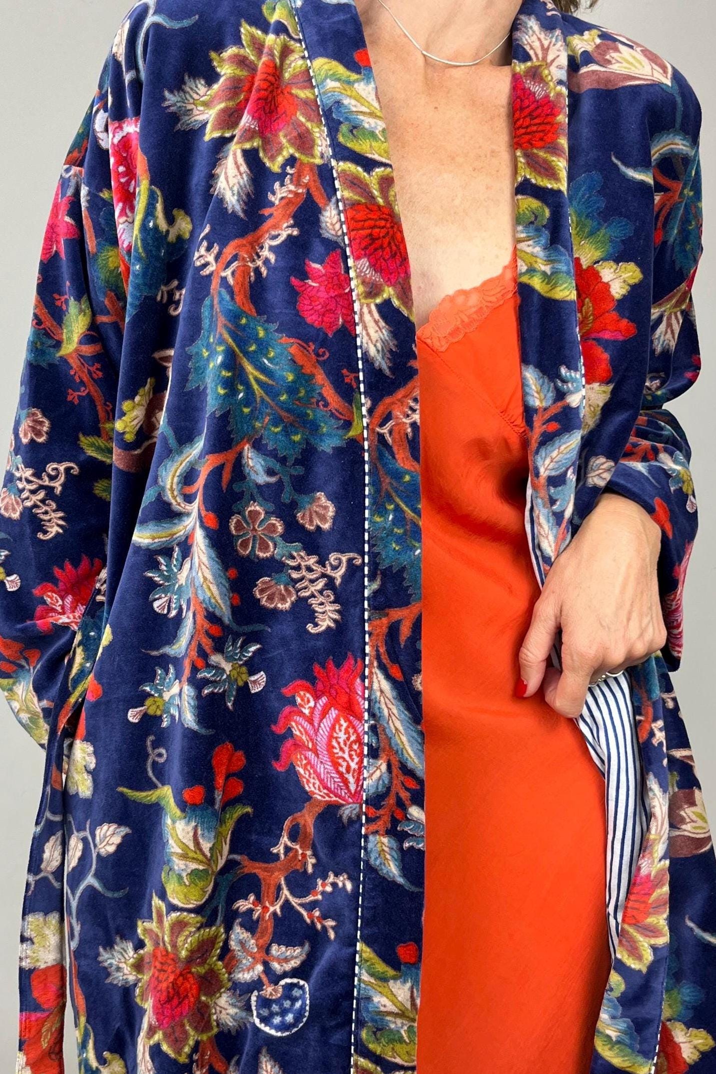 Velvet Kimono Robe | Womens Cotton Lined Dressing Gown | Velour House Coat | Luxury Loungewear For Her | Navy Blue Evening Jacket | Handmade