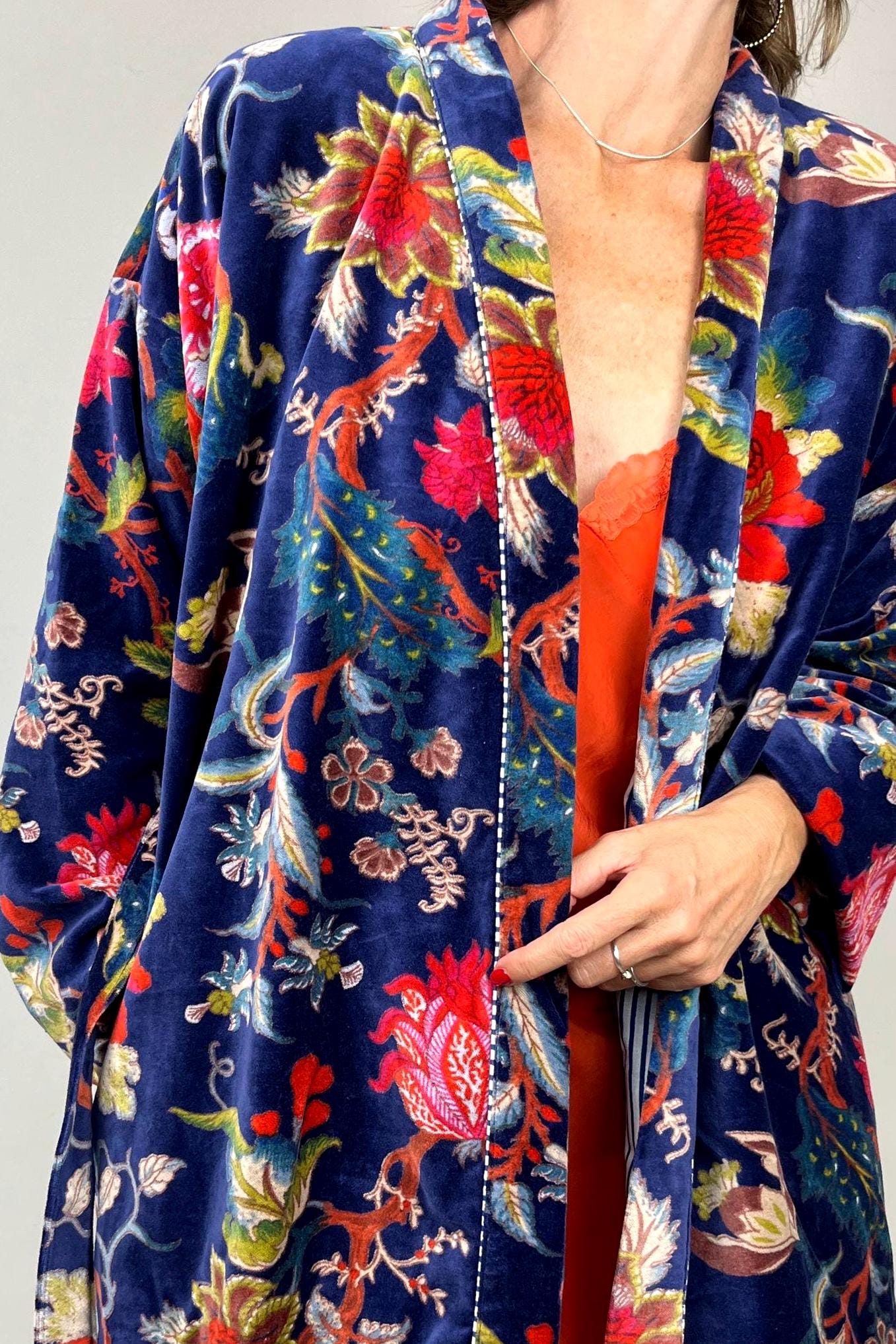 Velvet Kimono Robe | Womens Cotton Lined Dressing Gown | Velour House Coat | Luxury Loungewear For Her | Navy Blue Evening Jacket | Handmade