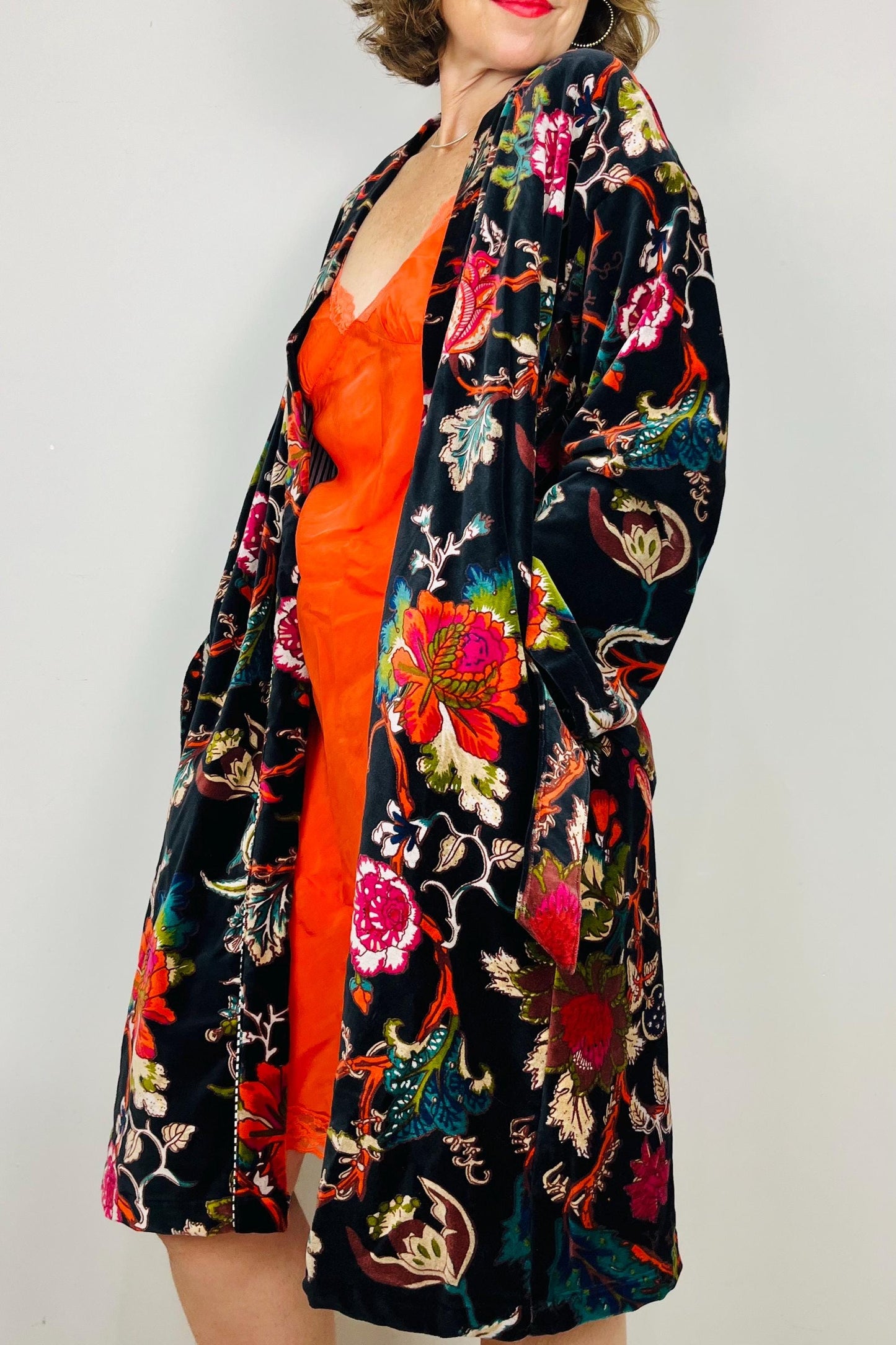 Velvet Kimono Robe | Womens Cotton Lined Dressing Gown | Velour House Coat | Luxury Loungewear For Her | Black Evening Jacket | Handmade