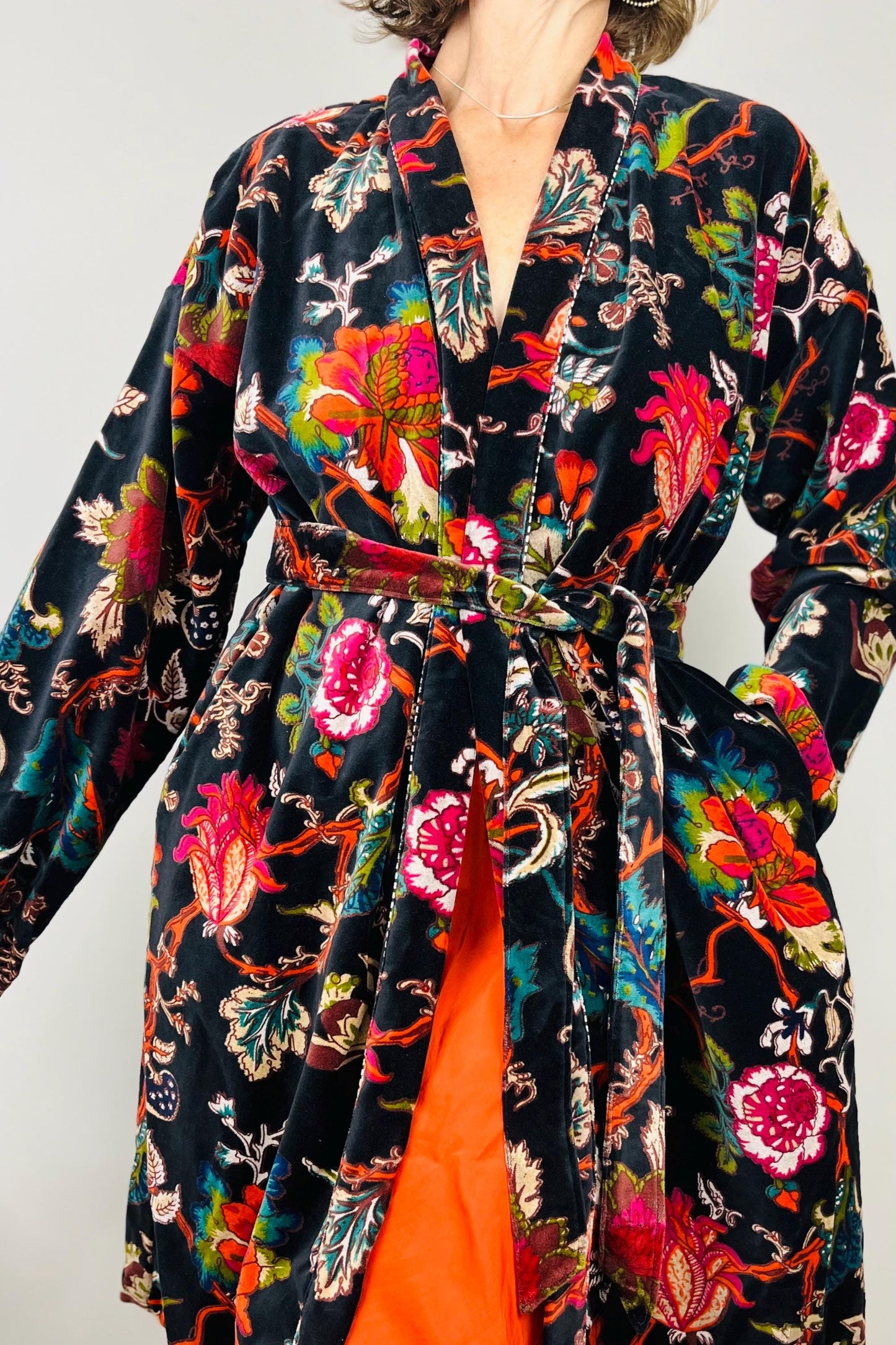 Velvet Kimono Robe | Womens Cotton Lined Dressing Gown | Velour House Coat | Luxury Loungewear For Her | Black Evening Jacket | Handmade