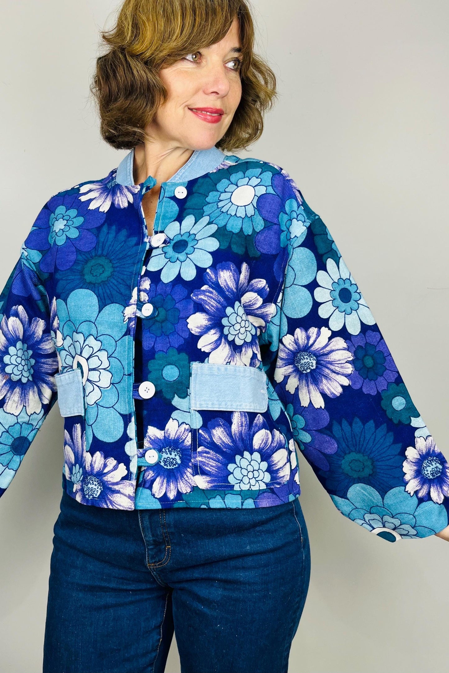 Handmade Womens Jacket | Vintage Fabric Redesigned Shacket | Upcycled Designer Rework | Unique 60’s Style | Flower Power Top