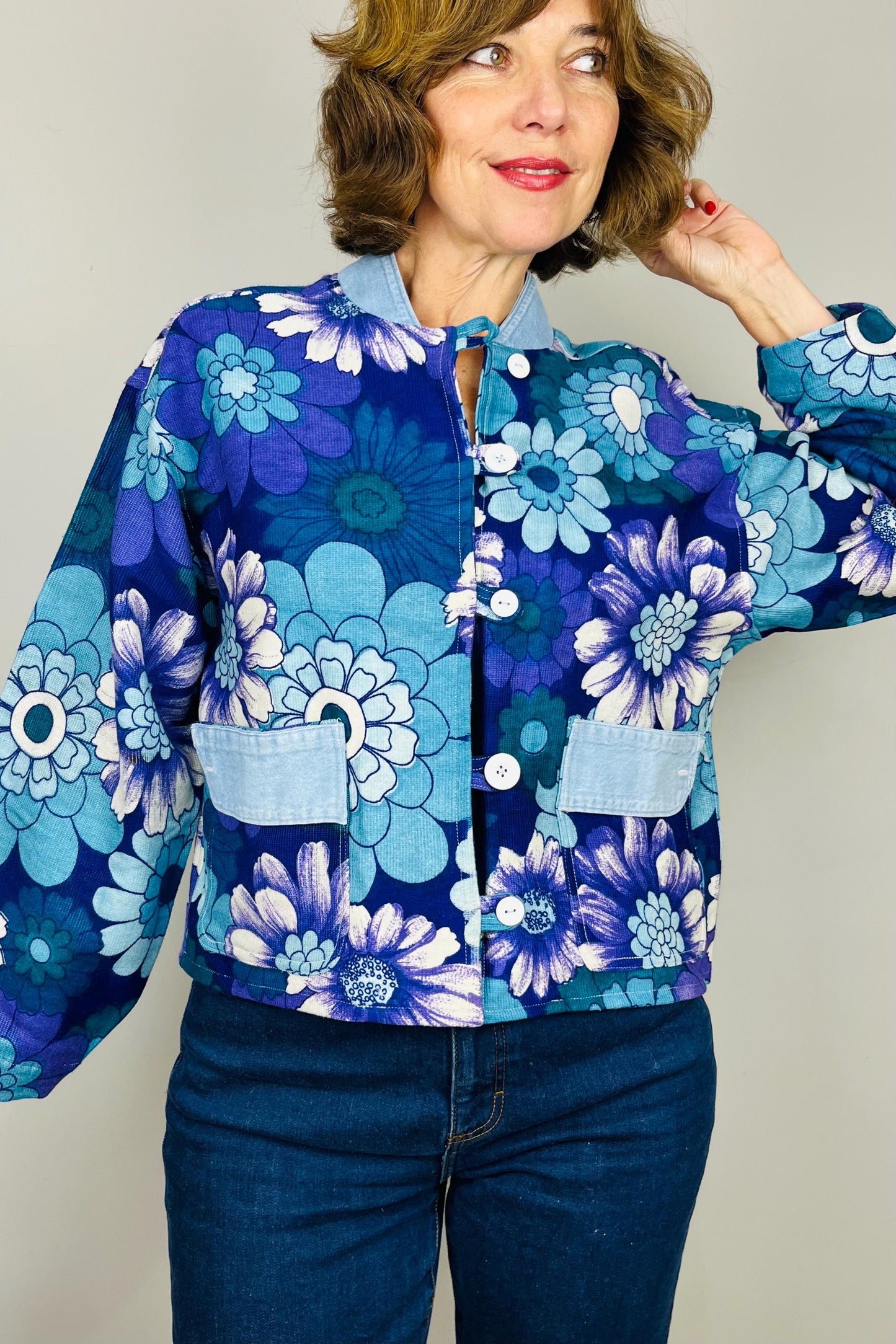Handmade Womens Jacket | Vintage Fabric Redesigned Shacket | Upcycled Designer Rework | Unique 60’s Style | Flower Power Top