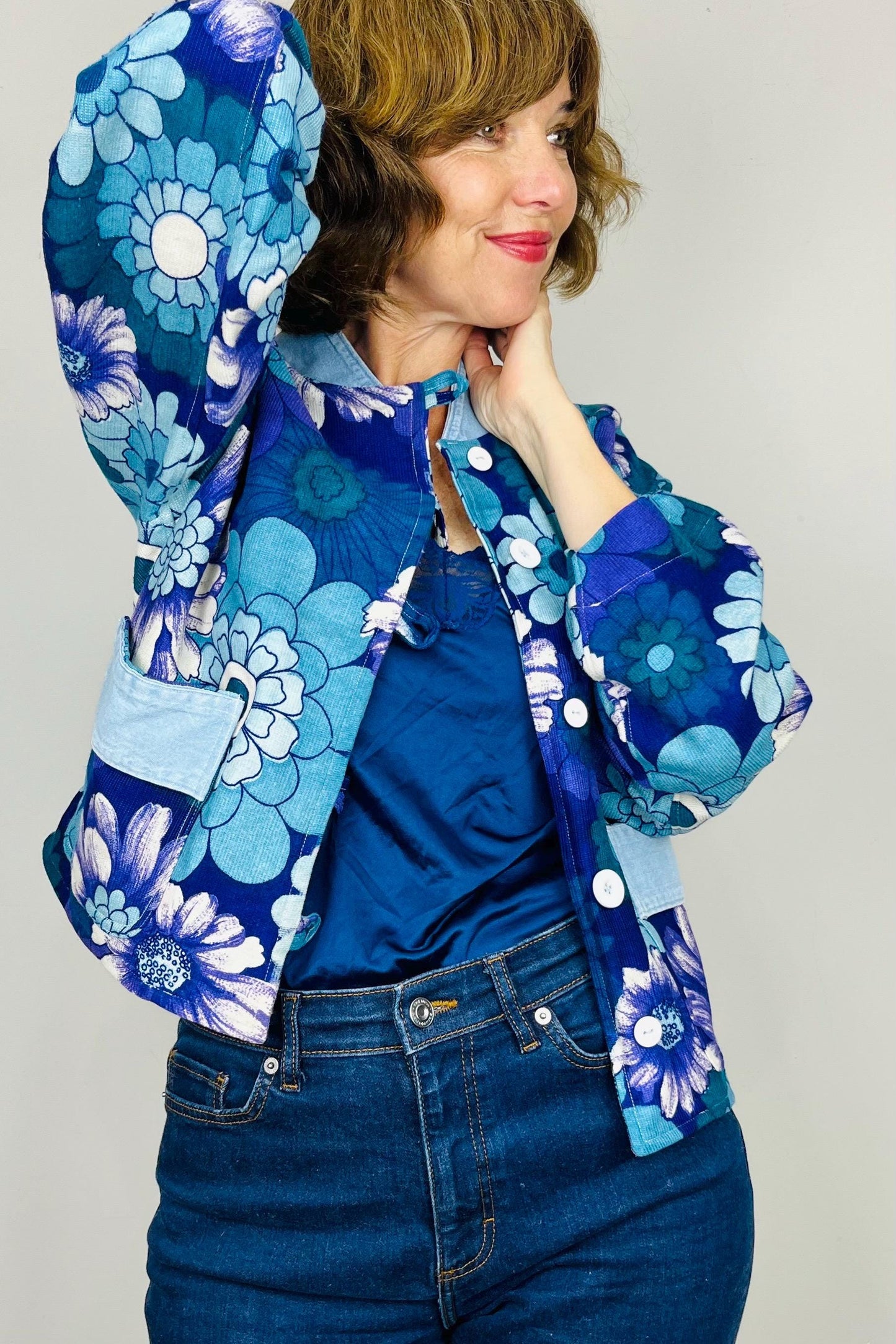 Handmade Womens Jacket | Vintage Fabric Redesigned Shacket | Upcycled Designer Rework | Unique 60’s Style | Flower Power Top