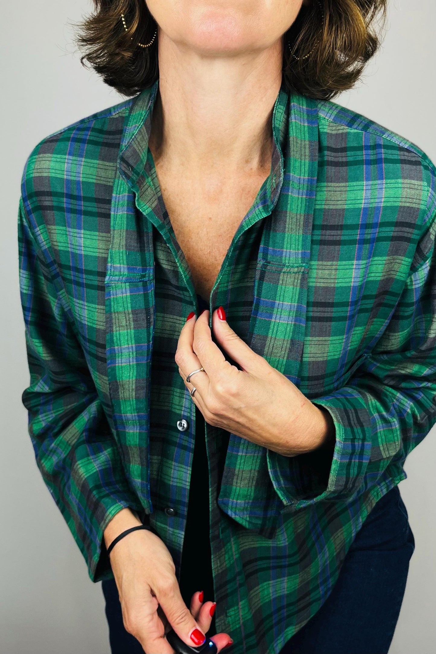 Handmade Reworked Vintage Top: Upcycled Designer Shirt | Womens Remade Shirt | Tartan Traitors Top | Womens Plaid Workwear | Green