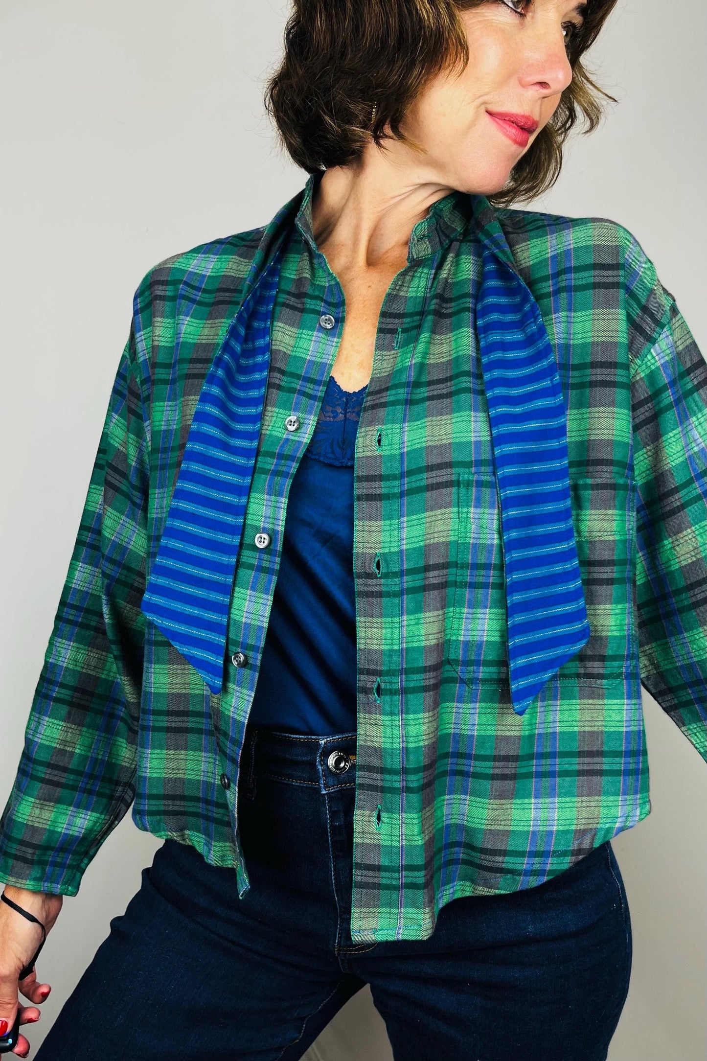 Handmade Reworked Vintage Top: Upcycled Designer Shirt | Womens Remade Shirt | Tartan Traitors Top | Womens Plaid Workwear | Green