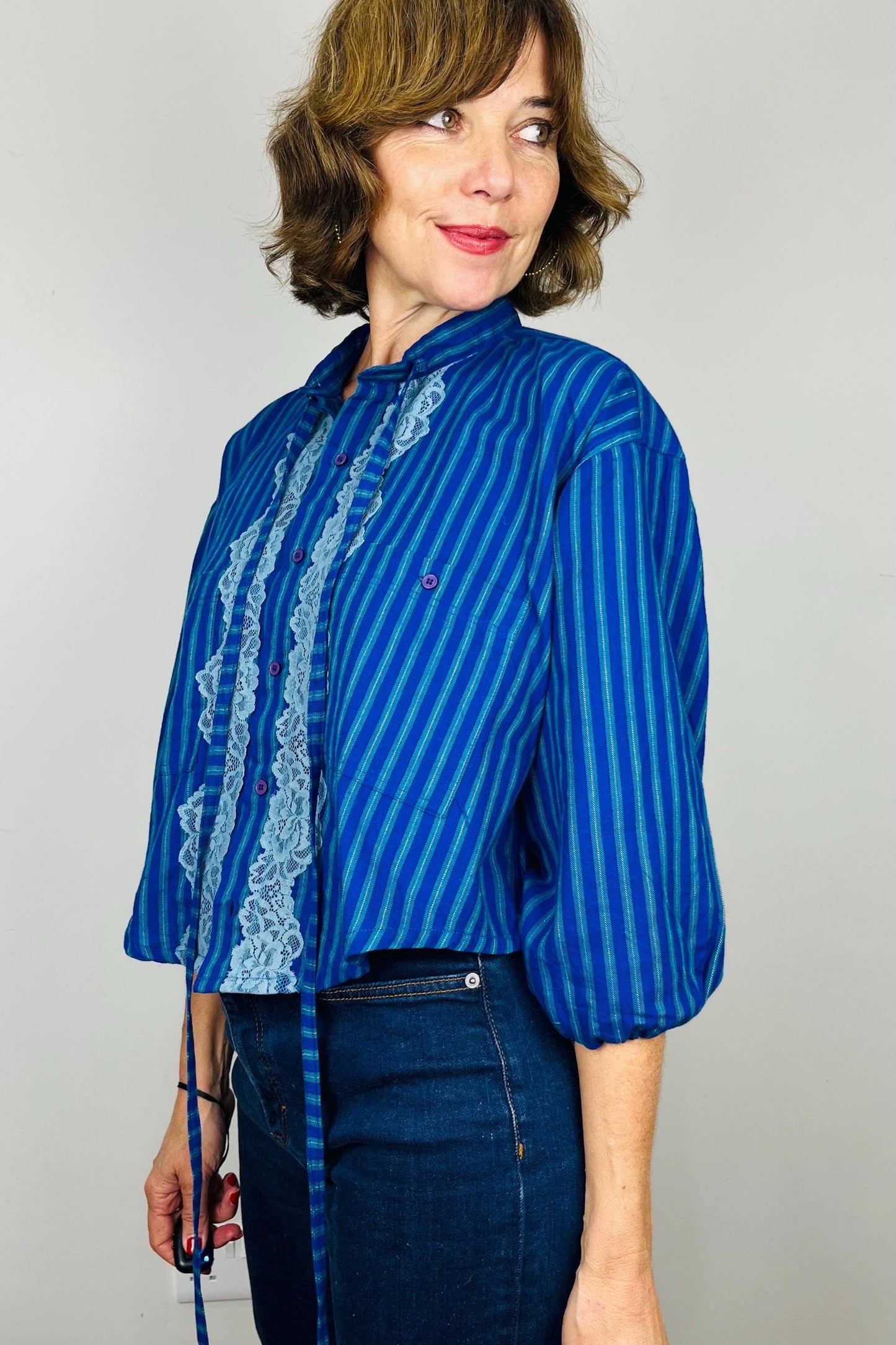 Handmade Reworked Vintage Top: Upcycled Designer Shirt | Womens Remade Shirt | Lace Top With Bows | Blue Blouse Workwear | Sustainable