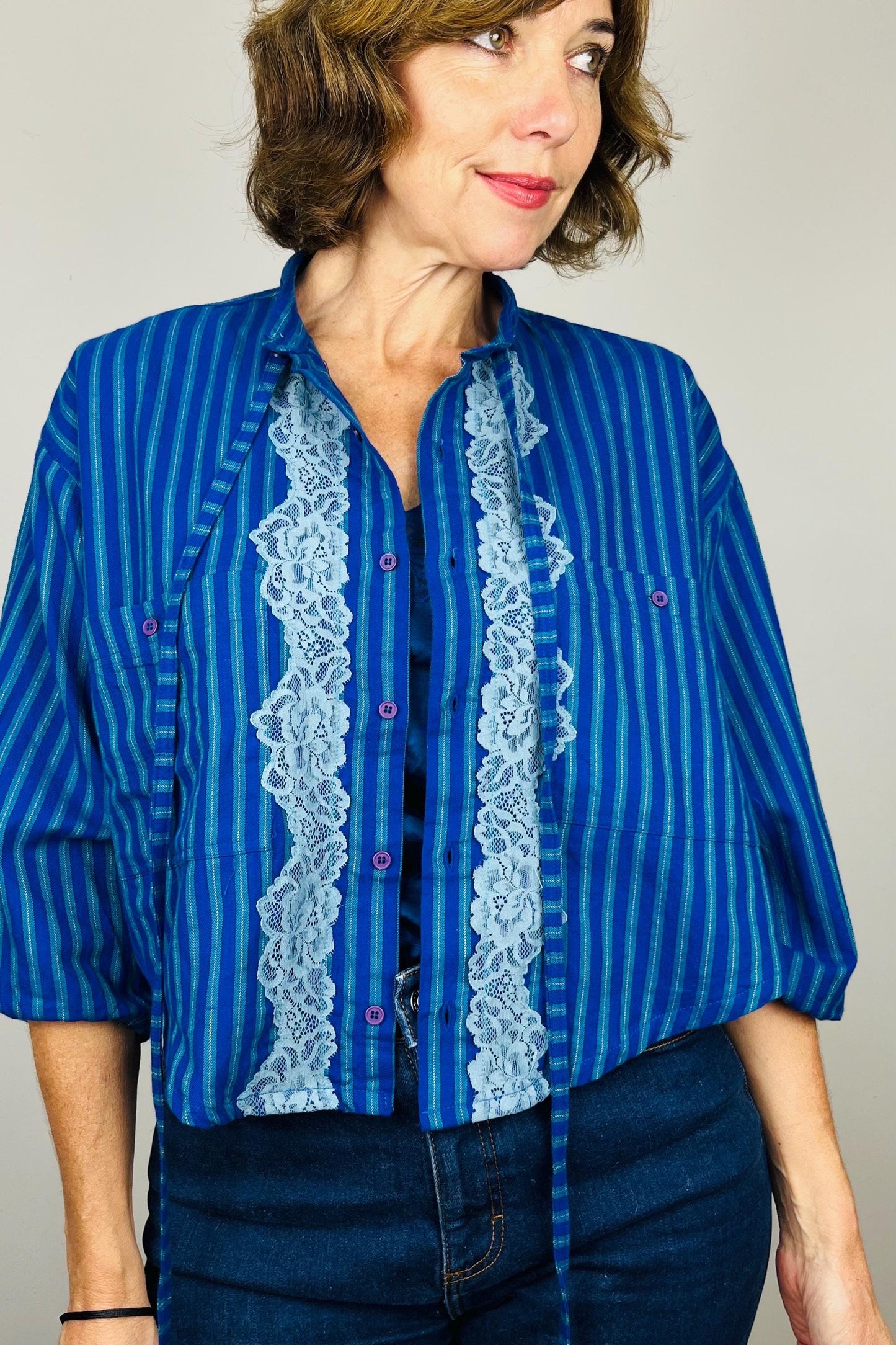 Handmade Reworked Vintage Top: Upcycled Designer Shirt | Womens Remade Shirt | Lace Top With Bows | Blue Blouse Workwear | Sustainable