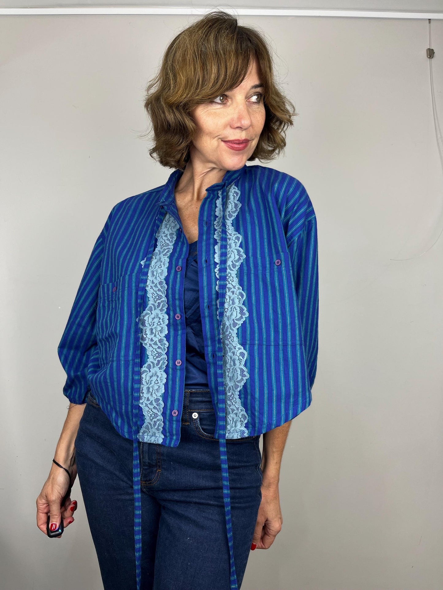 Handmade Reworked Vintage Top: Upcycled Designer Shirt | Womens Remade Shirt | Lace Top With Bows | Blue Blouse Workwear | Sustainable