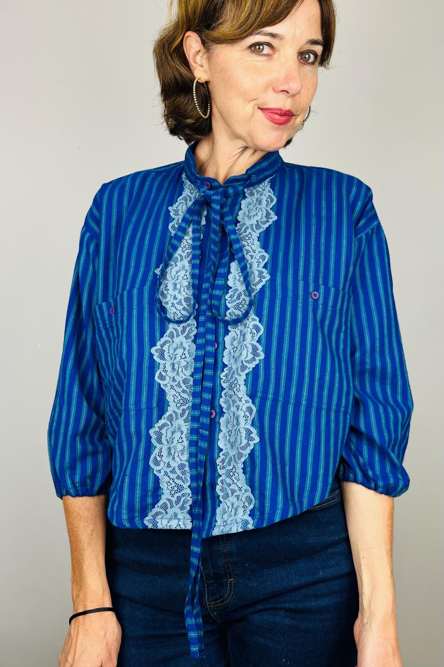Handmade Reworked Vintage Top: Upcycled Designer Shirt | Womens Remade Shirt | Lace Top With Bows | Blue Blouse Workwear | Sustainable