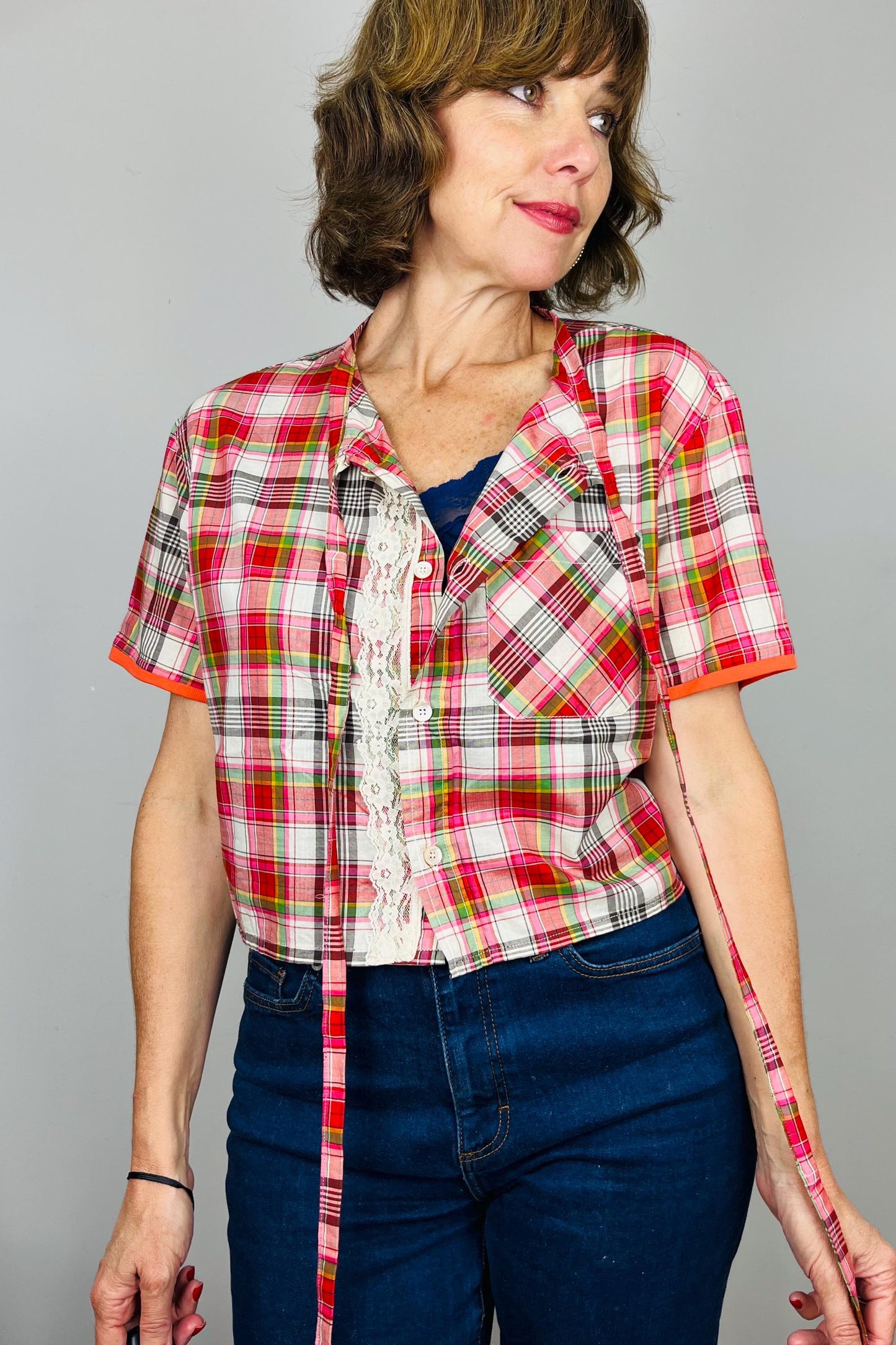 Handmade Reworked Vintage Top | Upcycled Designer Shirt | Womens Remade Shirt | Lace Top With Bows | Blue Blouse Workwear | Sustainable Top