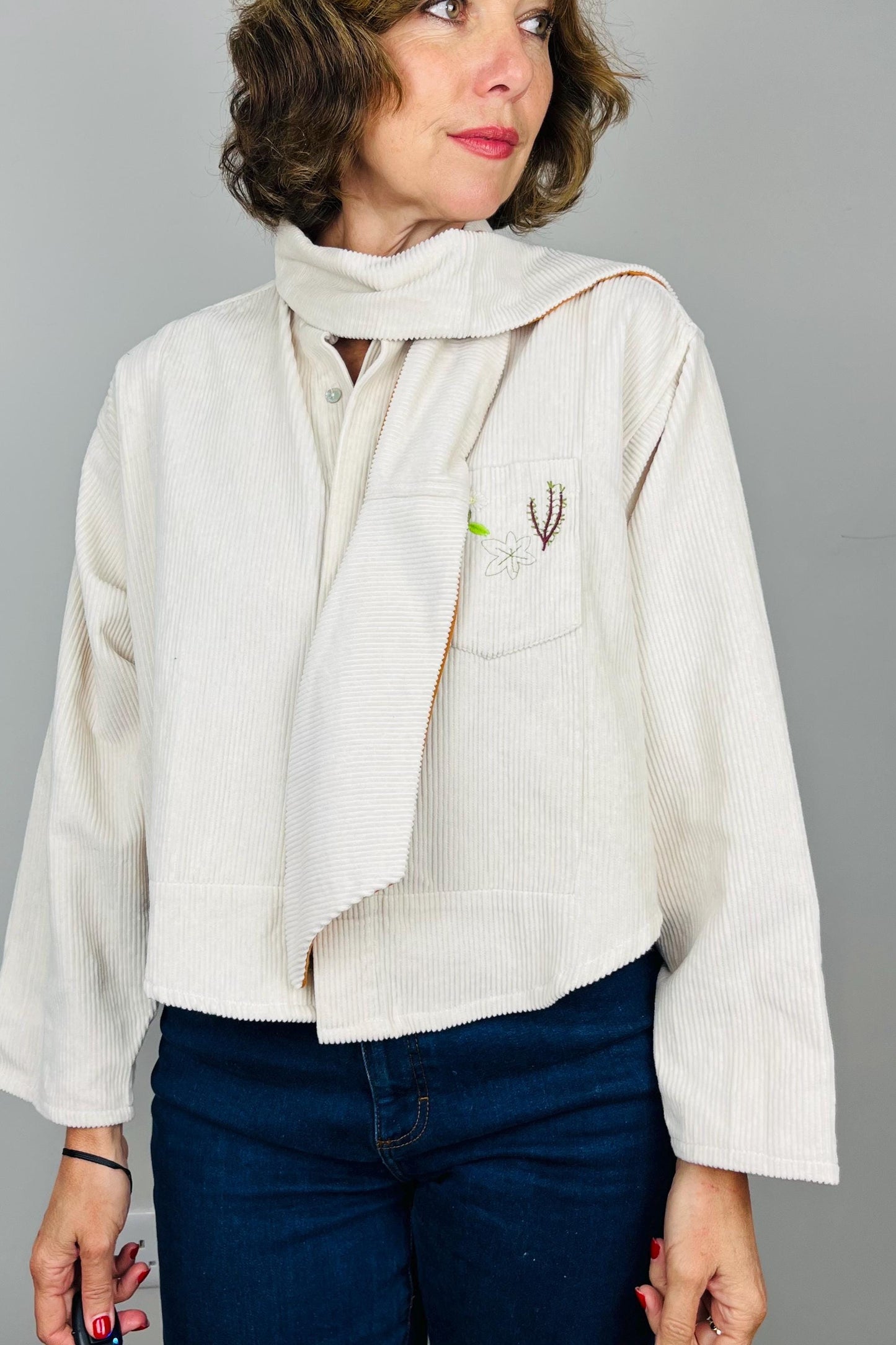 Handmade Womens Jacket | Vintage Fabric Redesigned Shacket | Upcycled Designer Rework | Corduroy Shirt | Cream