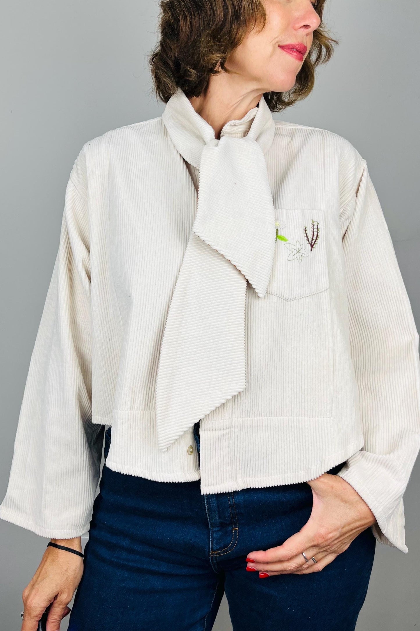 Handmade Womens Jacket | Vintage Fabric Redesigned Shacket | Upcycled Designer Rework | Corduroy Shirt | Cream