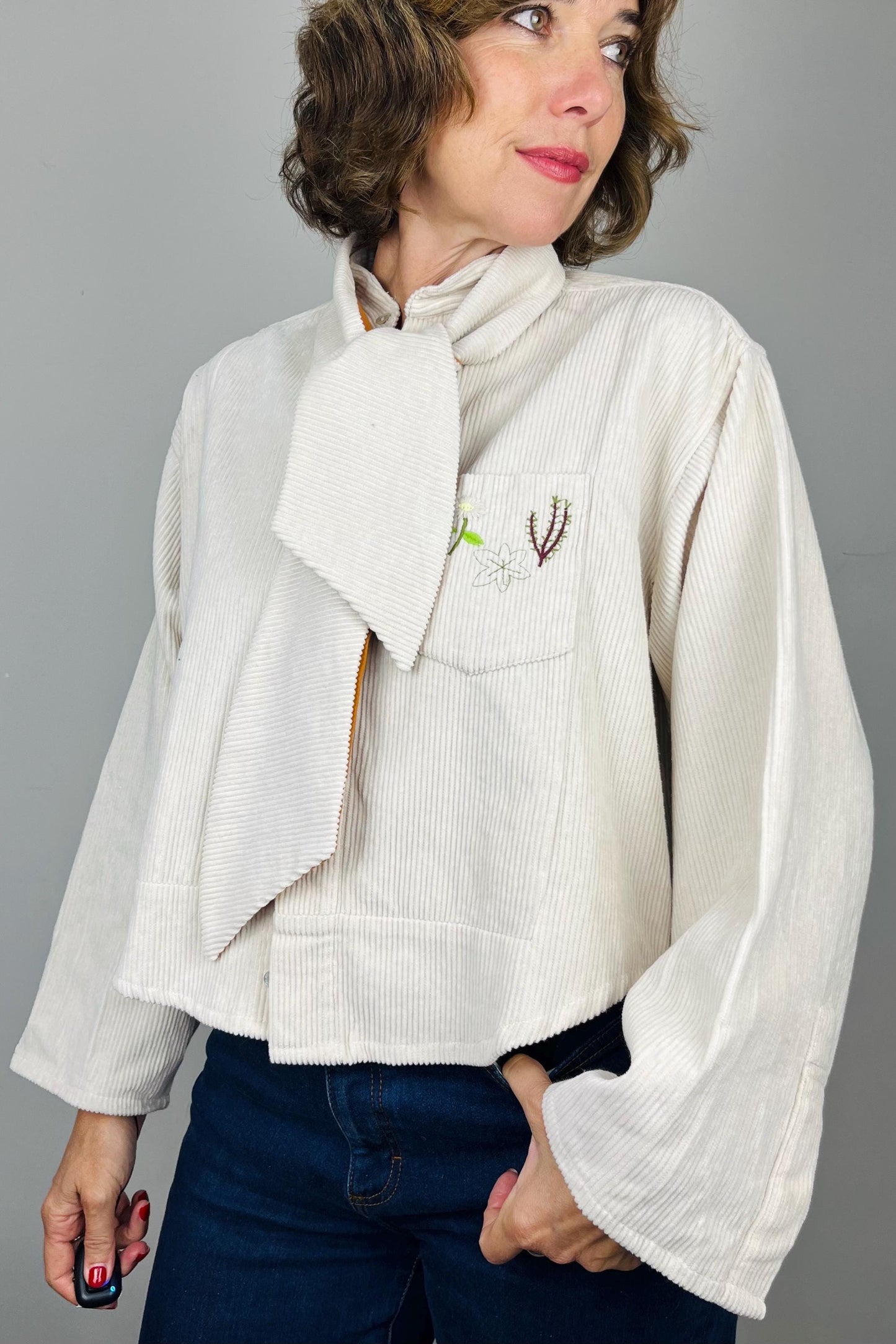 Handmade Womens Jacket | Vintage Fabric Redesigned Shacket | Upcycled Designer Rework | Corduroy Shirt | Cream