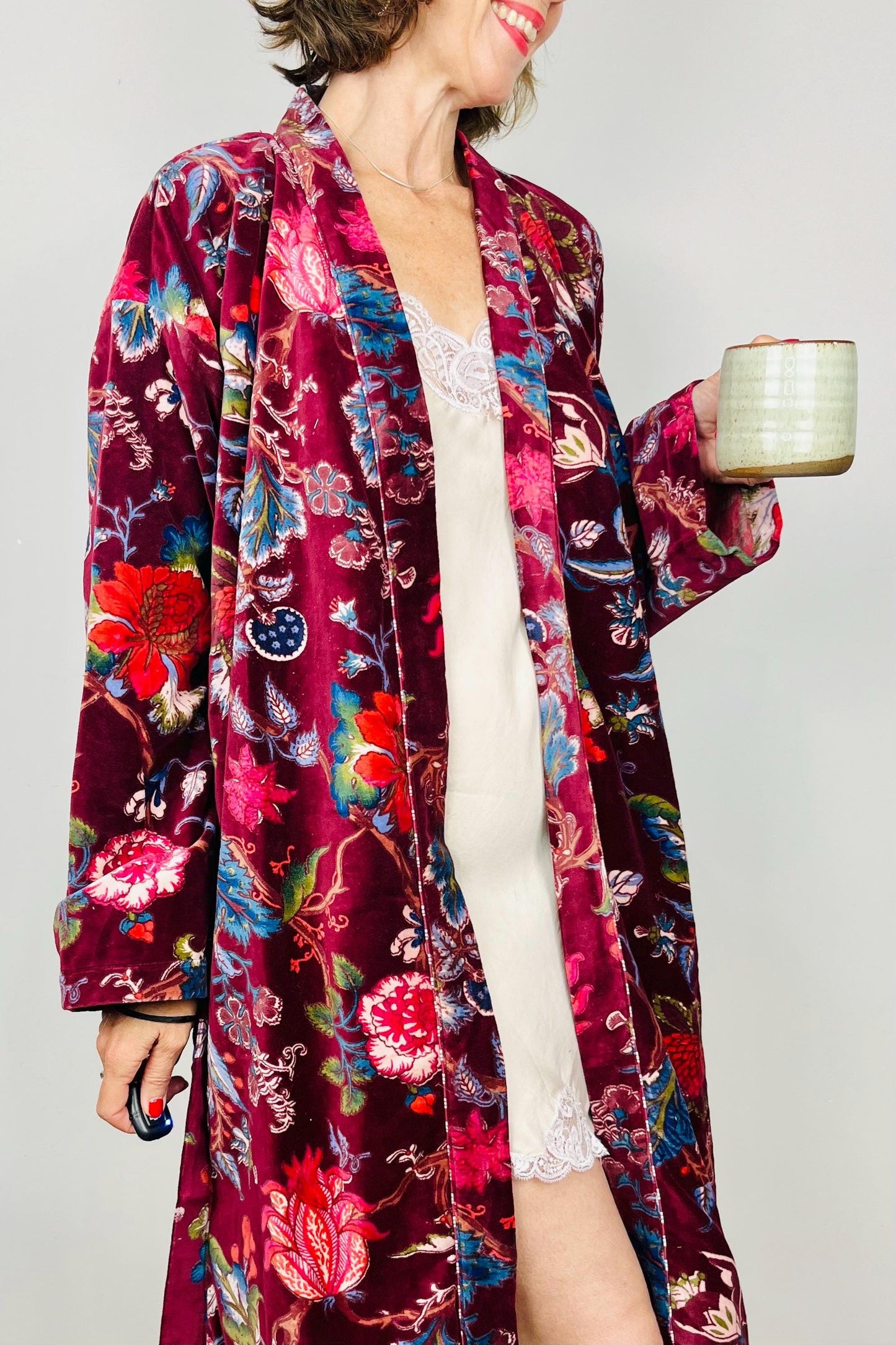 Velvet Kimono Robe | Womens Cotton Lined Dressing Gown | Velour House Coat | Luxury Loungewear For Her | Burgundy Evening Jacket | Handmade