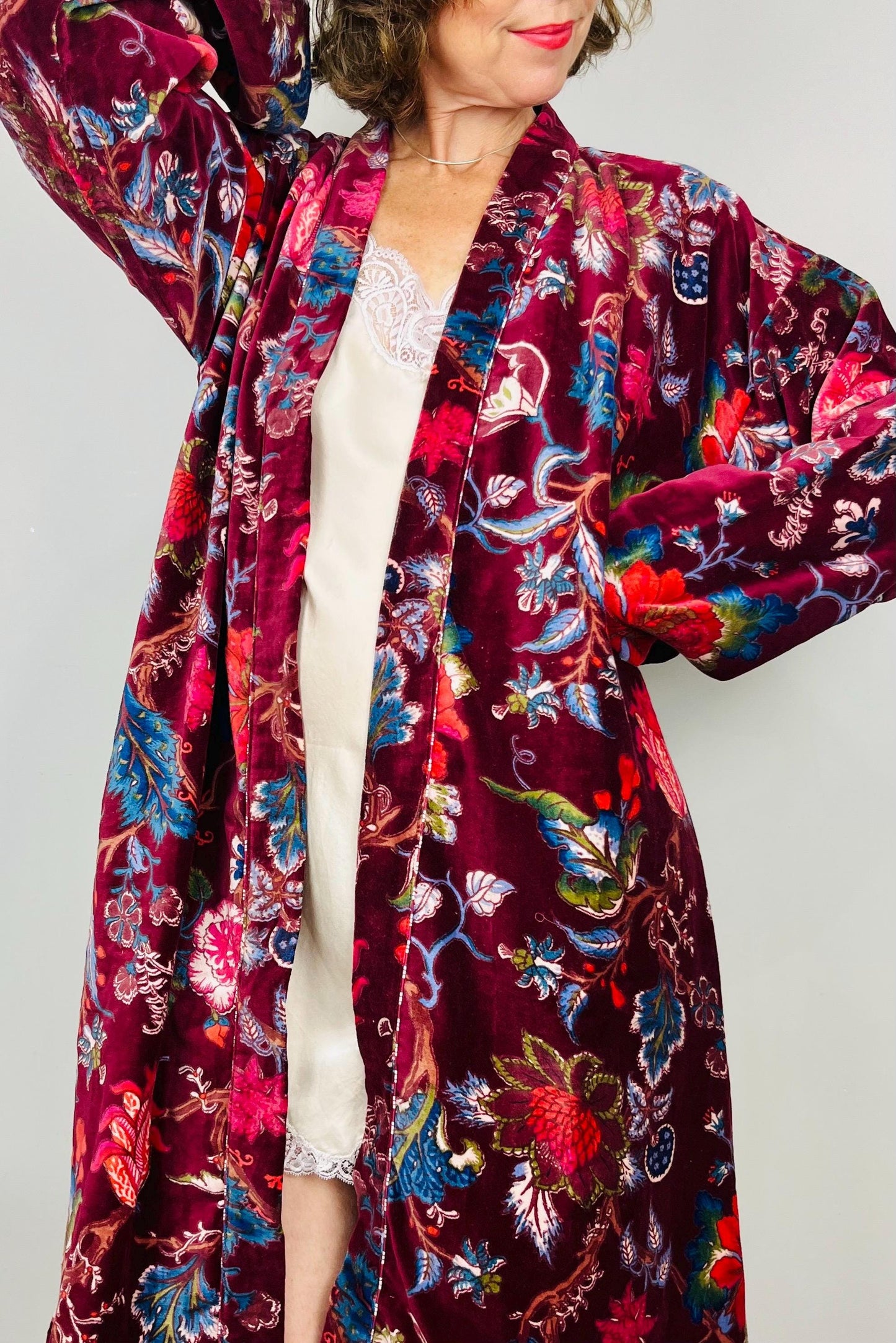 Velvet Kimono Robe | Womens Cotton Lined Dressing Gown | Velour House Coat | Luxury Loungewear For Her | Burgundy Evening Jacket | Handmade