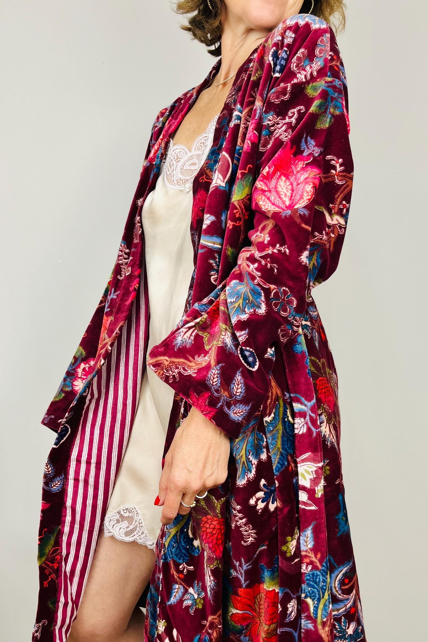 Velvet Kimono Robe | Womens Cotton Lined Dressing Gown | Velour House Coat | Luxury Loungewear For Her | Burgundy Evening Jacket | Handmade