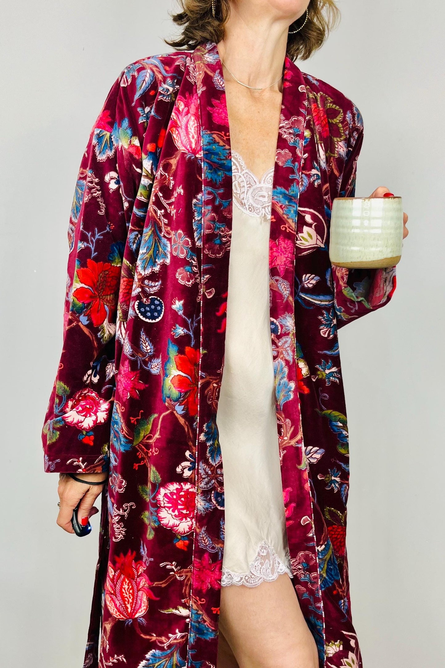 Velvet Kimono Robe | Womens Cotton Lined Dressing Gown | Velour House Coat | Luxury Loungewear For Her | Burgundy Evening Jacket | Handmade