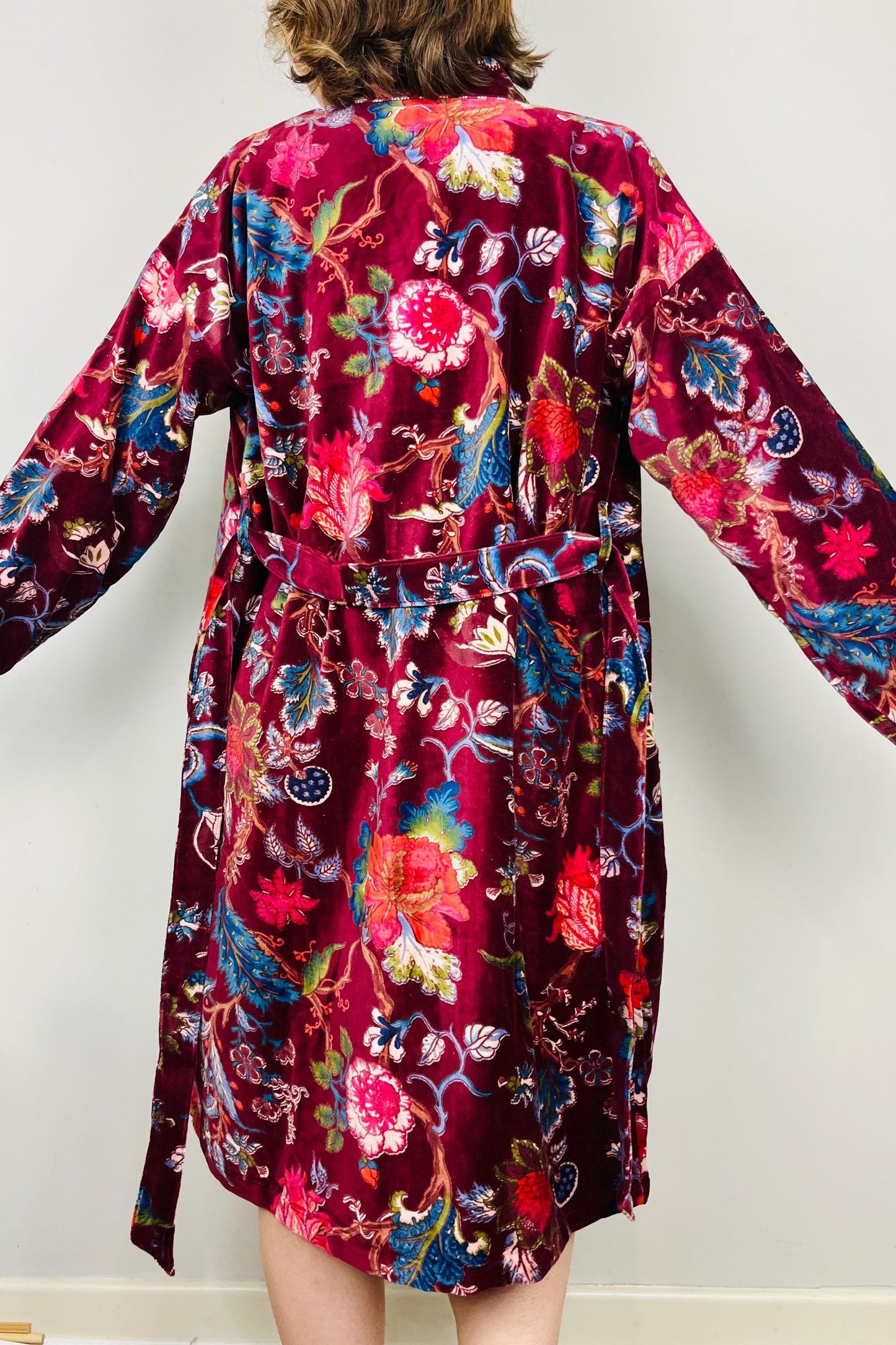 Velvet Kimono Robe | Womens Cotton Lined Dressing Gown | Velour House Coat | Luxury Loungewear For Her | Burgundy Evening Jacket | Handmade