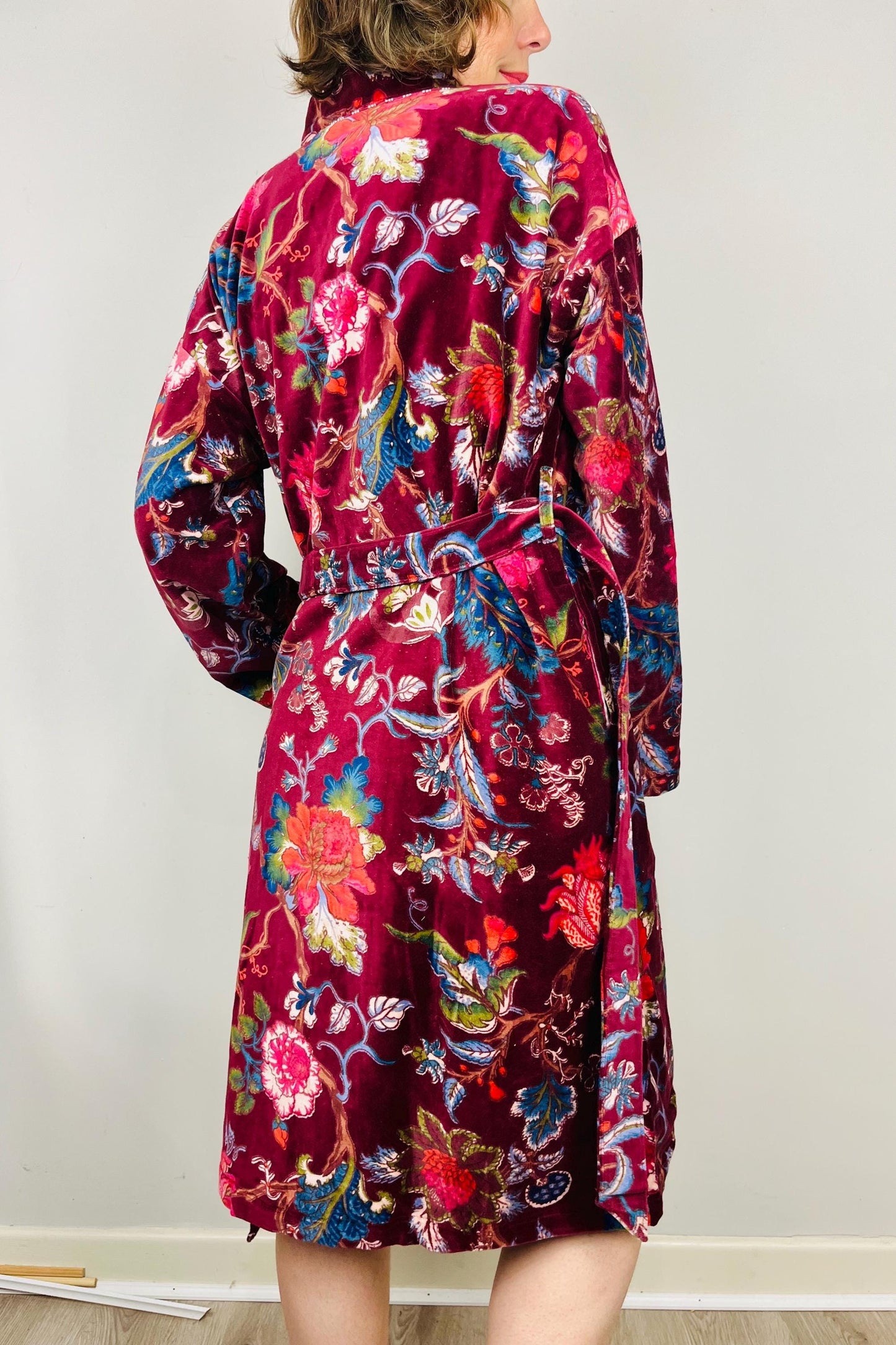 Velvet Kimono Robe | Womens Cotton Lined Dressing Gown | Velour House Coat | Luxury Loungewear For Her | Burgundy Evening Jacket | Handmade