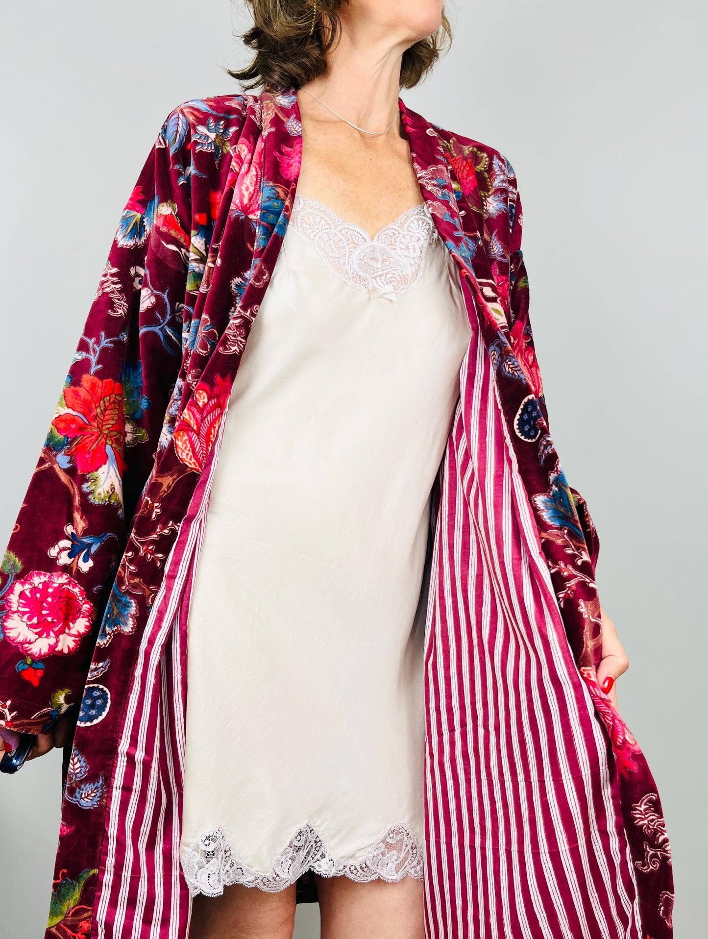 Velvet Kimono Robe | Womens Cotton Lined Dressing Gown | Velour House Coat | Luxury Loungewear For Her | Burgundy Evening Jacket | Handmade