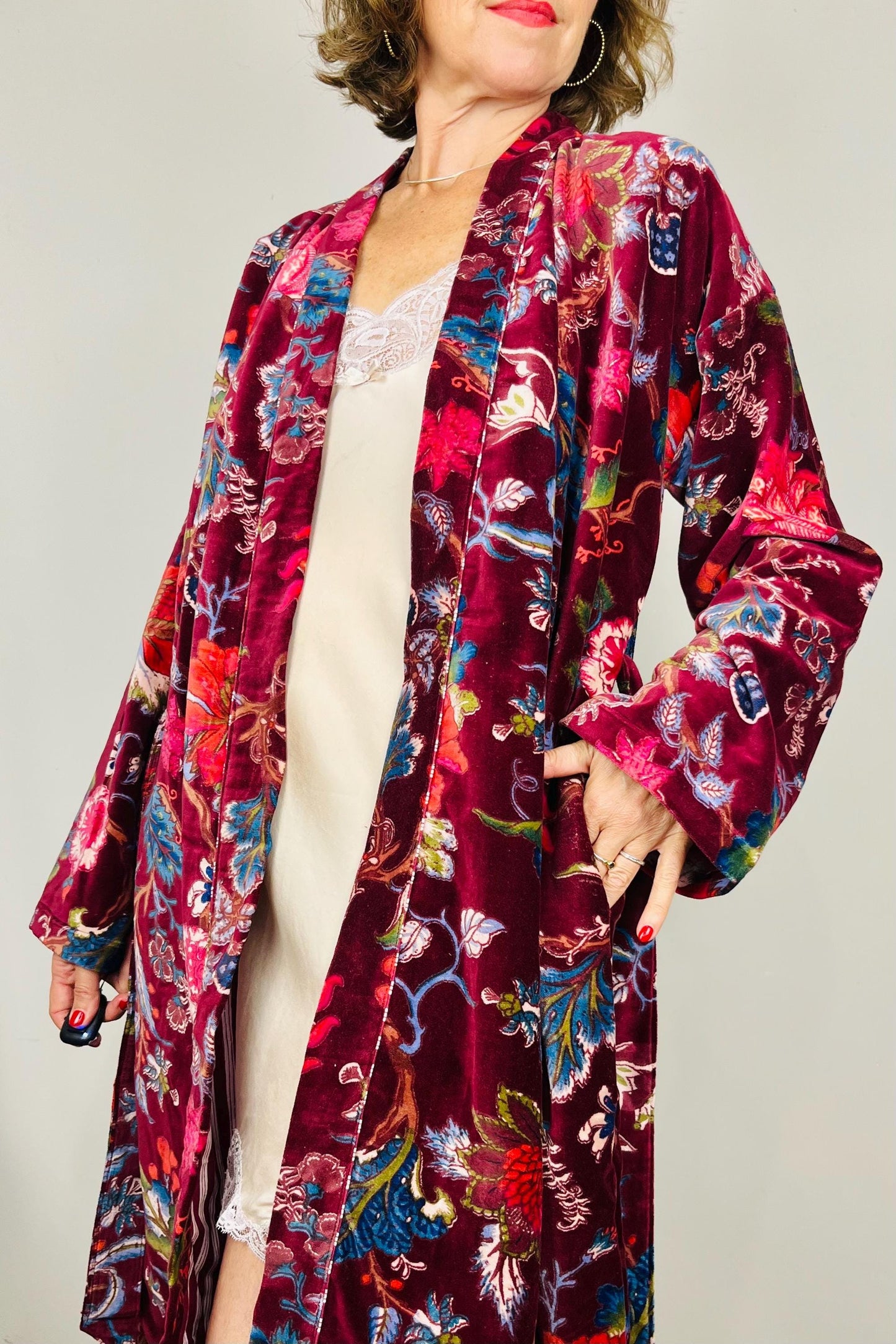 Velvet Kimono Robe | Womens Cotton Lined Dressing Gown | Velour House Coat | Luxury Loungewear For Her | Burgundy Evening Jacket | Handmade