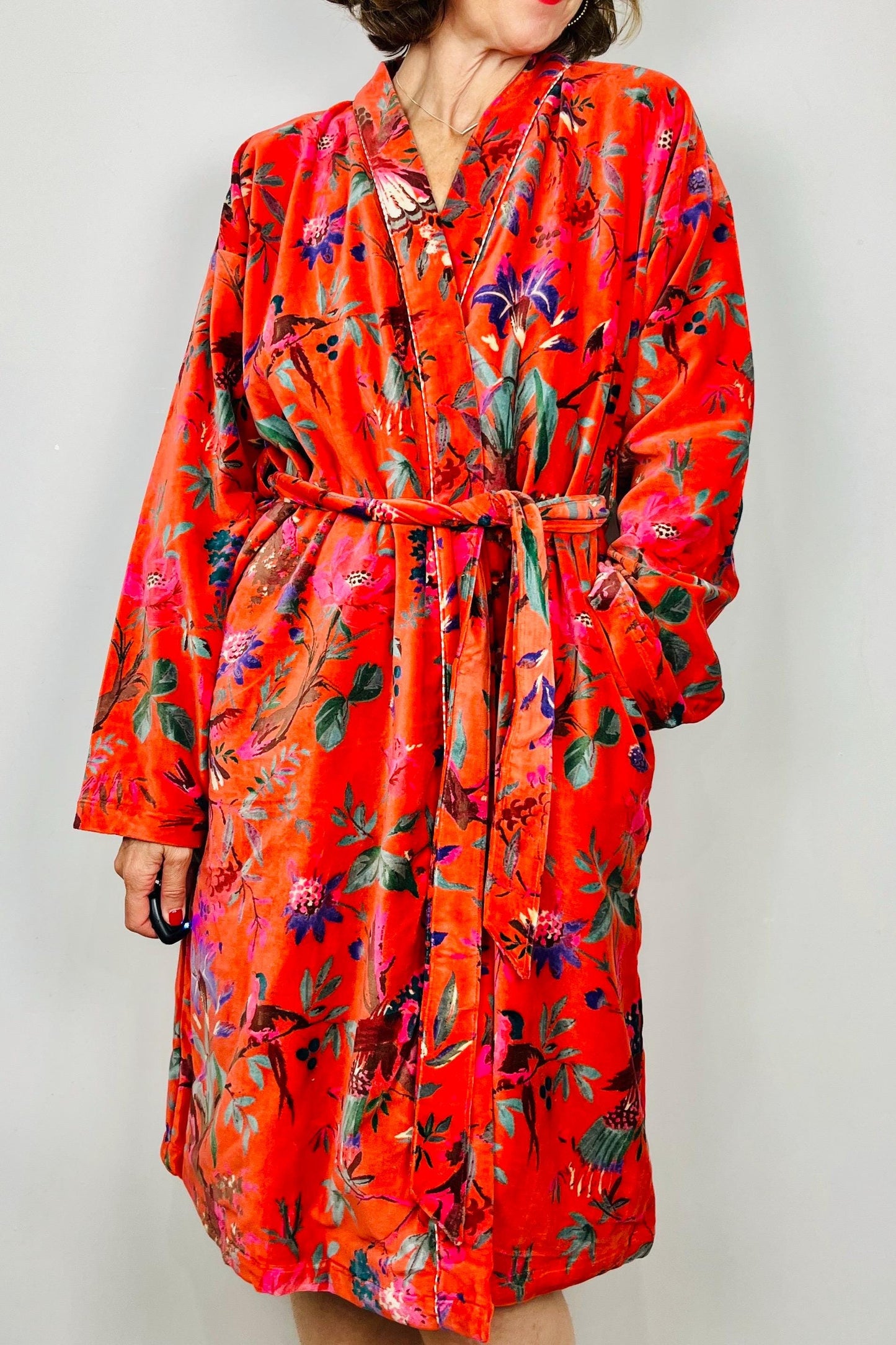 Velvet Kimono Robe | Womens Cotton Lined Dressing Gown | Velour House Coat | Luxury Loungewear For Her | Orange Evening Jacket | Handmade
