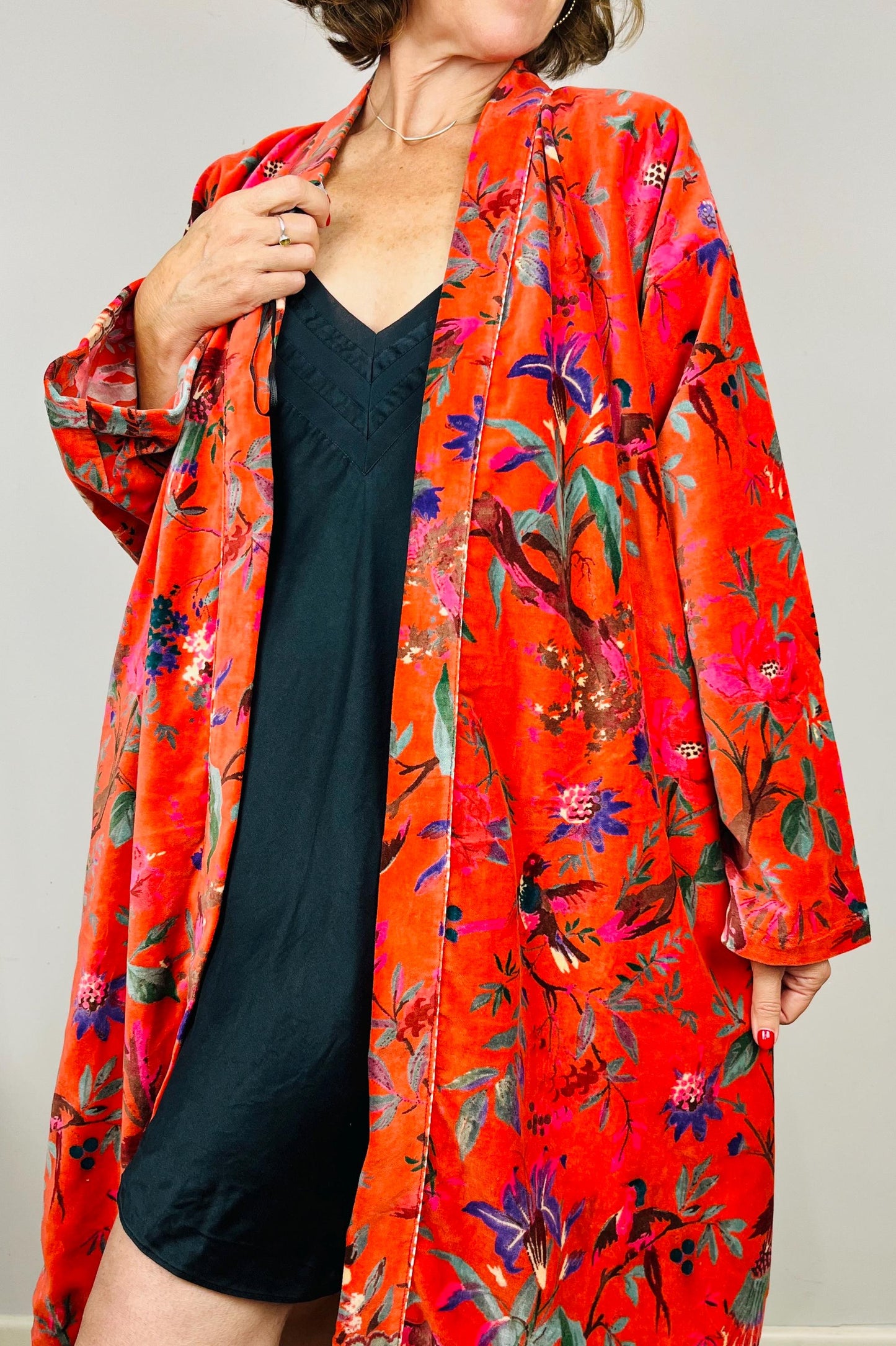 Velvet Kimono Robe | Womens Cotton Lined Dressing Gown | Velour House Coat | Luxury Loungewear For Her | Orange Evening Jacket | Handmade