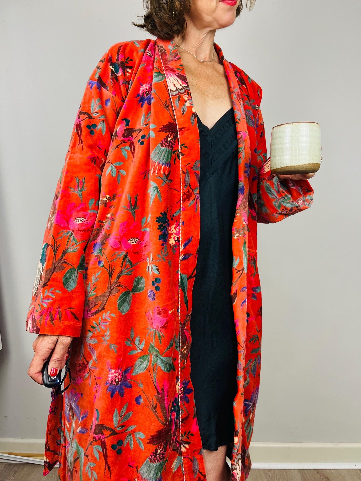 Velvet Kimono Robe | Womens Cotton Lined Dressing Gown | Velour House Coat | Luxury Loungewear For Her | Orange Evening Jacket | Handmade