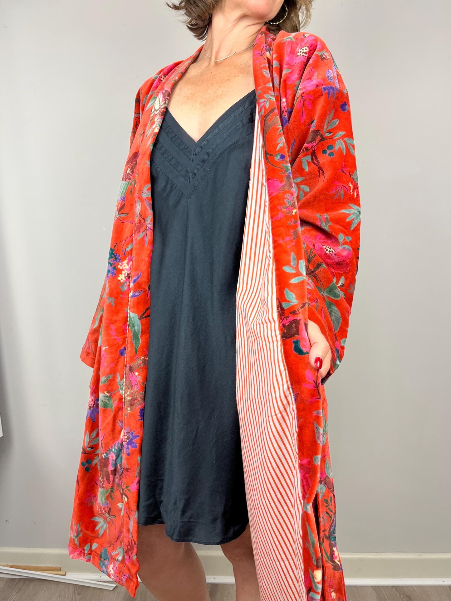 Velvet Kimono Robe | Womens Cotton Lined Dressing Gown | Velour House Coat | Luxury Loungewear For Her | Orange Evening Jacket | Handmade