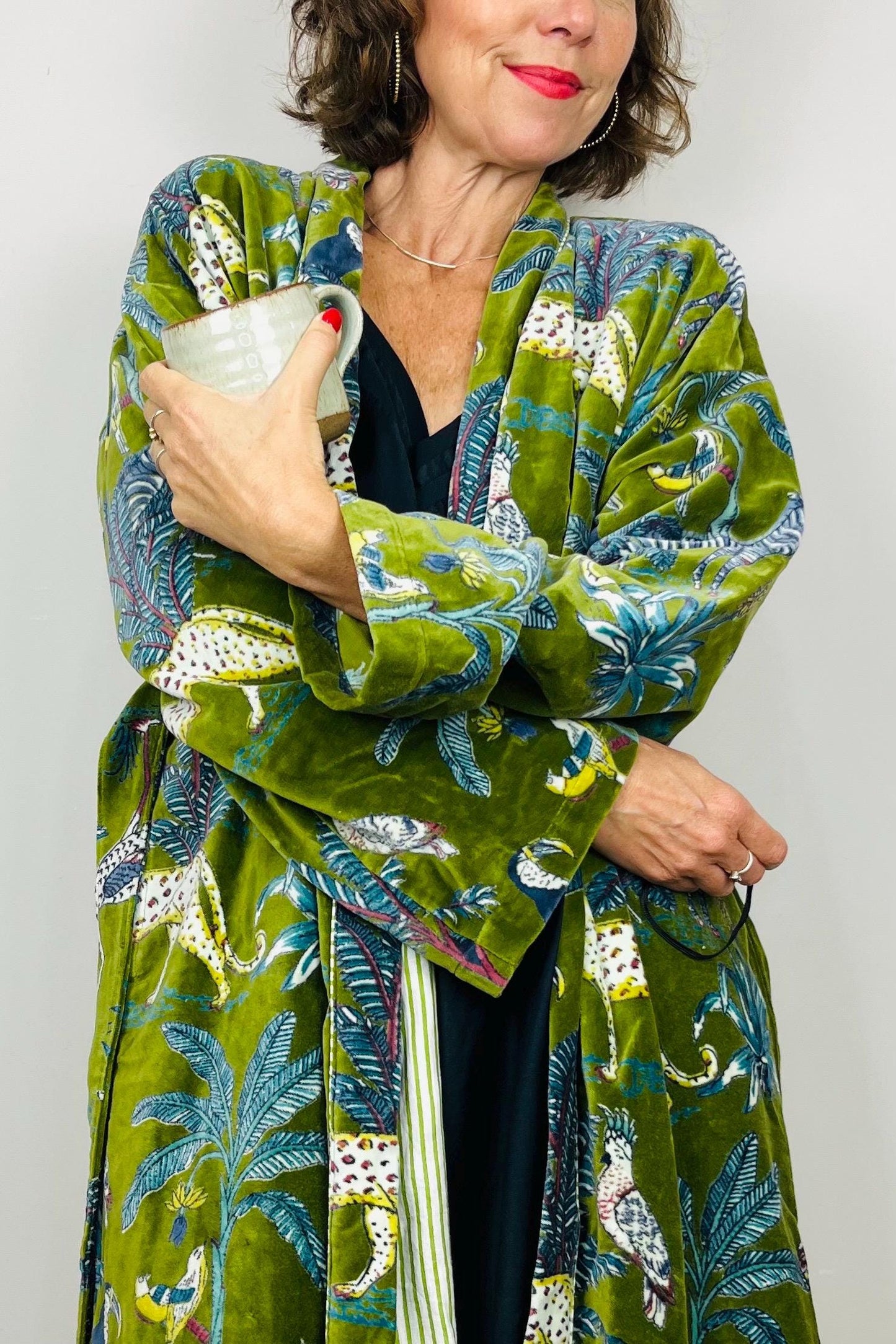 Velvet Kimono Robe | Womens Cotton Lined Dressing Gown | Velour House Coat | Luxury Loungewear For Her | Green Evening Jacket | Handmade