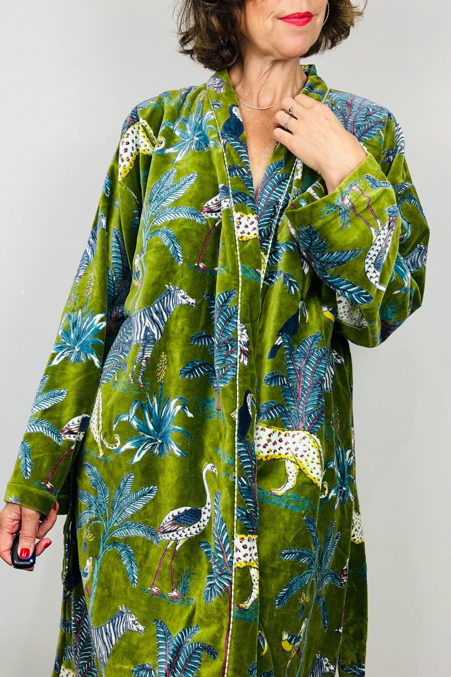 Velvet Kimono Robe | Womens Cotton Lined Dressing Gown | Velour House Coat | Luxury Loungewear For Her | Green Evening Jacket | Handmade