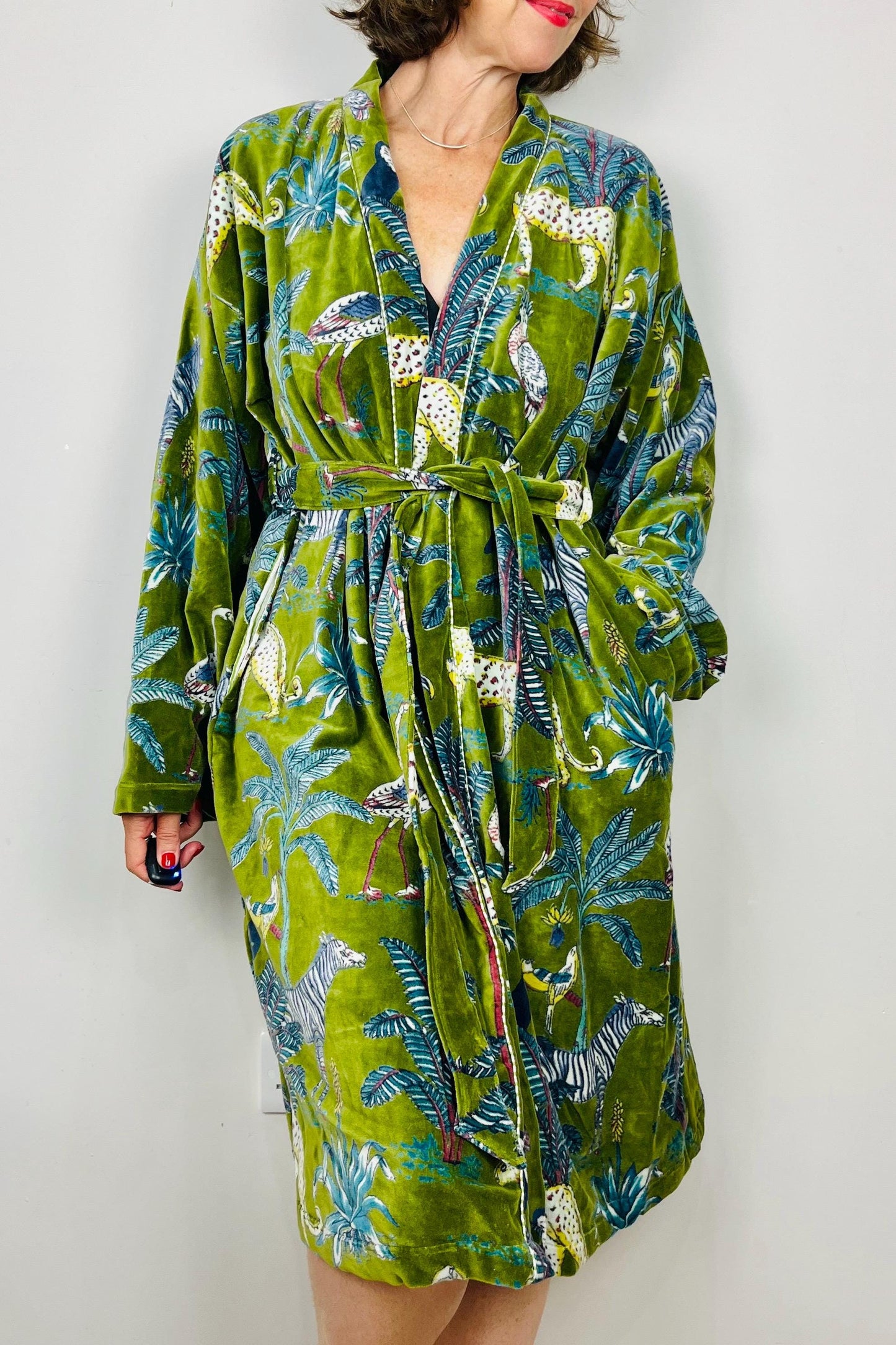 Velvet Kimono Robe | Womens Cotton Lined Dressing Gown | Velour House Coat | Luxury Loungewear For Her | Green Evening Jacket | Handmade