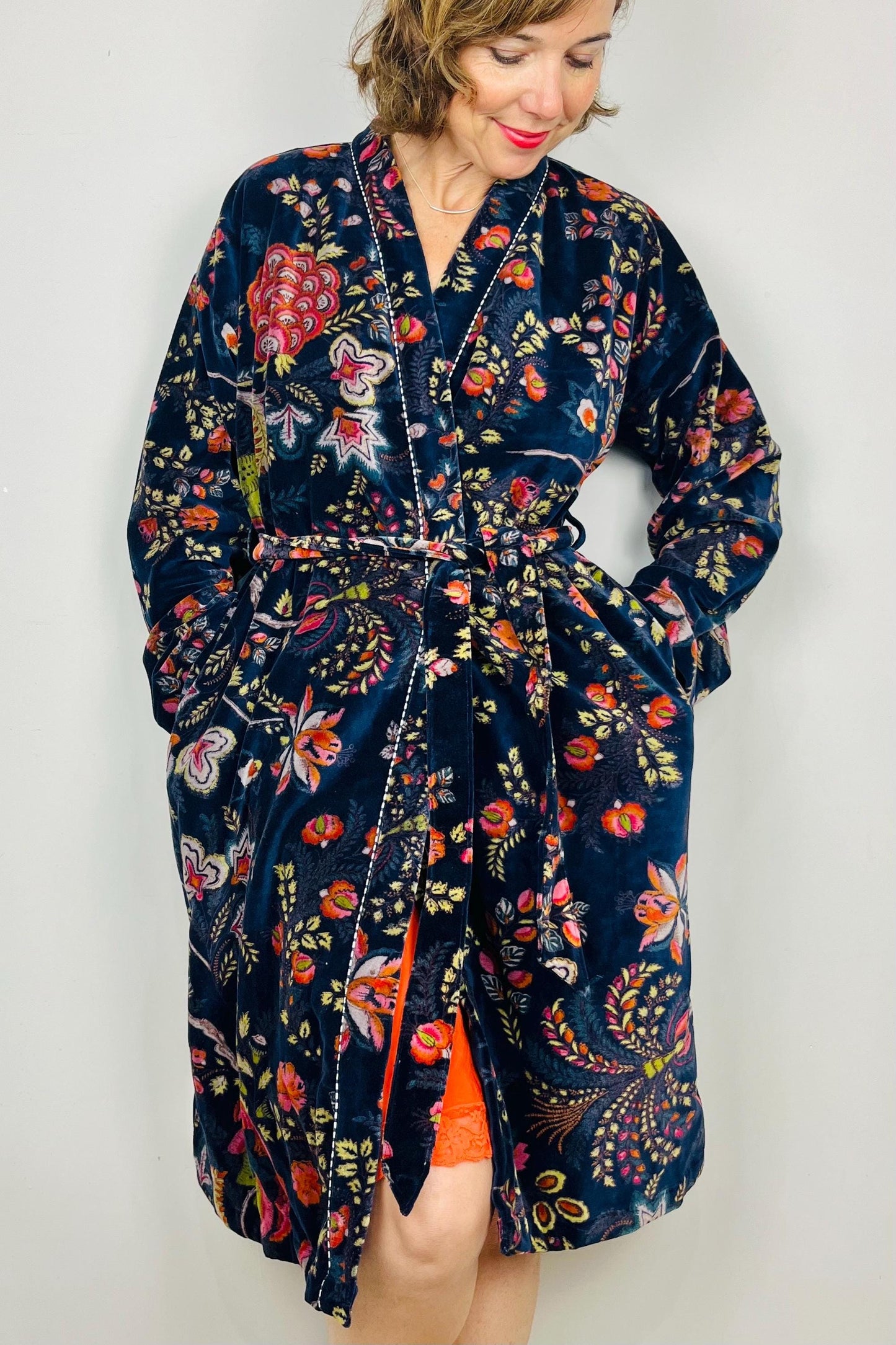 Velvet Kimono Robe | Womens Cotton Lined Dressing Gown | Velour House Coat | Luxury Loungewear For Her | Navy Blue Evening Jacket | Handmade