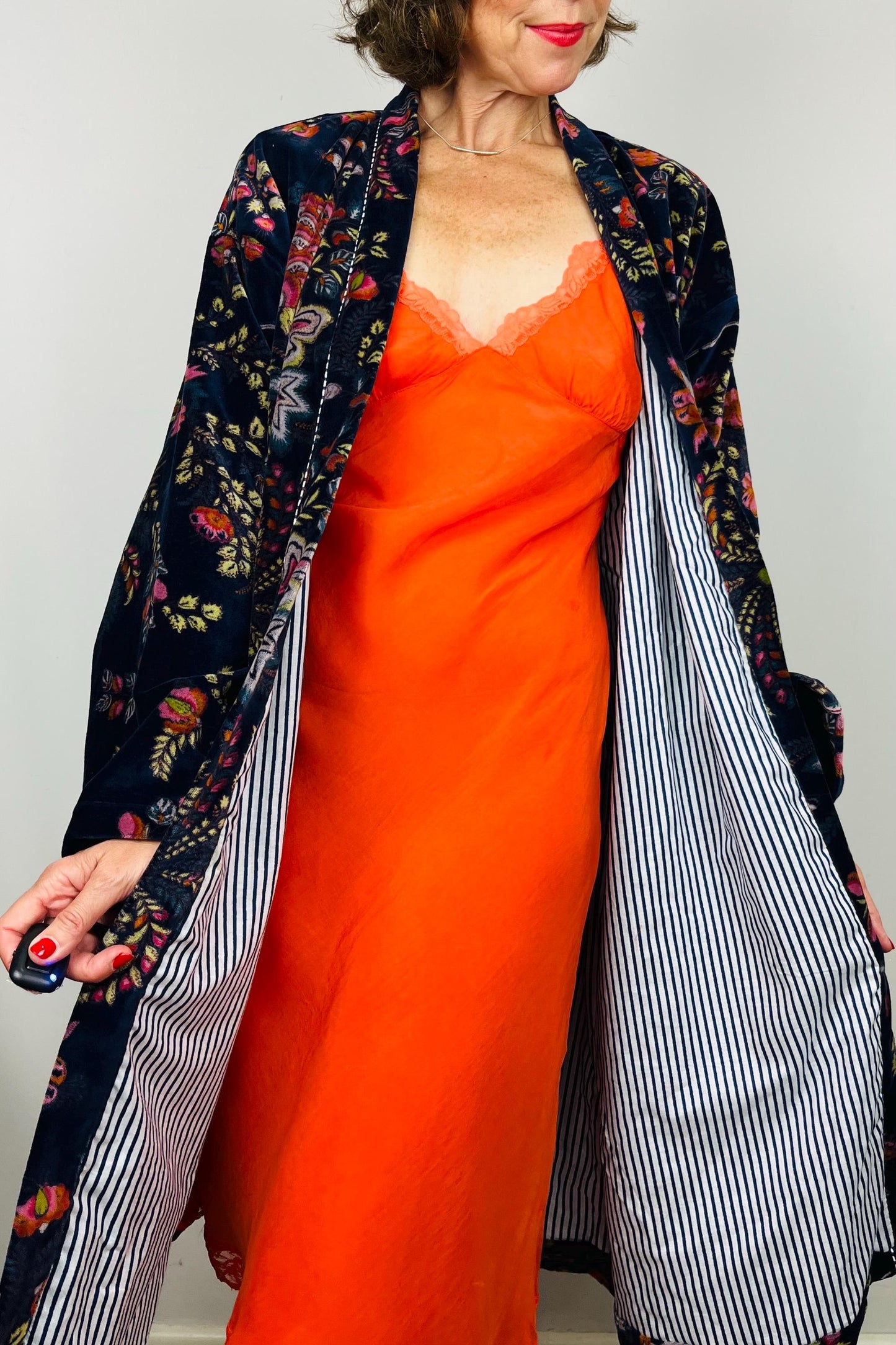 Velvet Kimono Robe | Womens Cotton Lined Dressing Gown | Velour House Coat | Luxury Loungewear For Her | Navy Blue Evening Jacket | Handmade