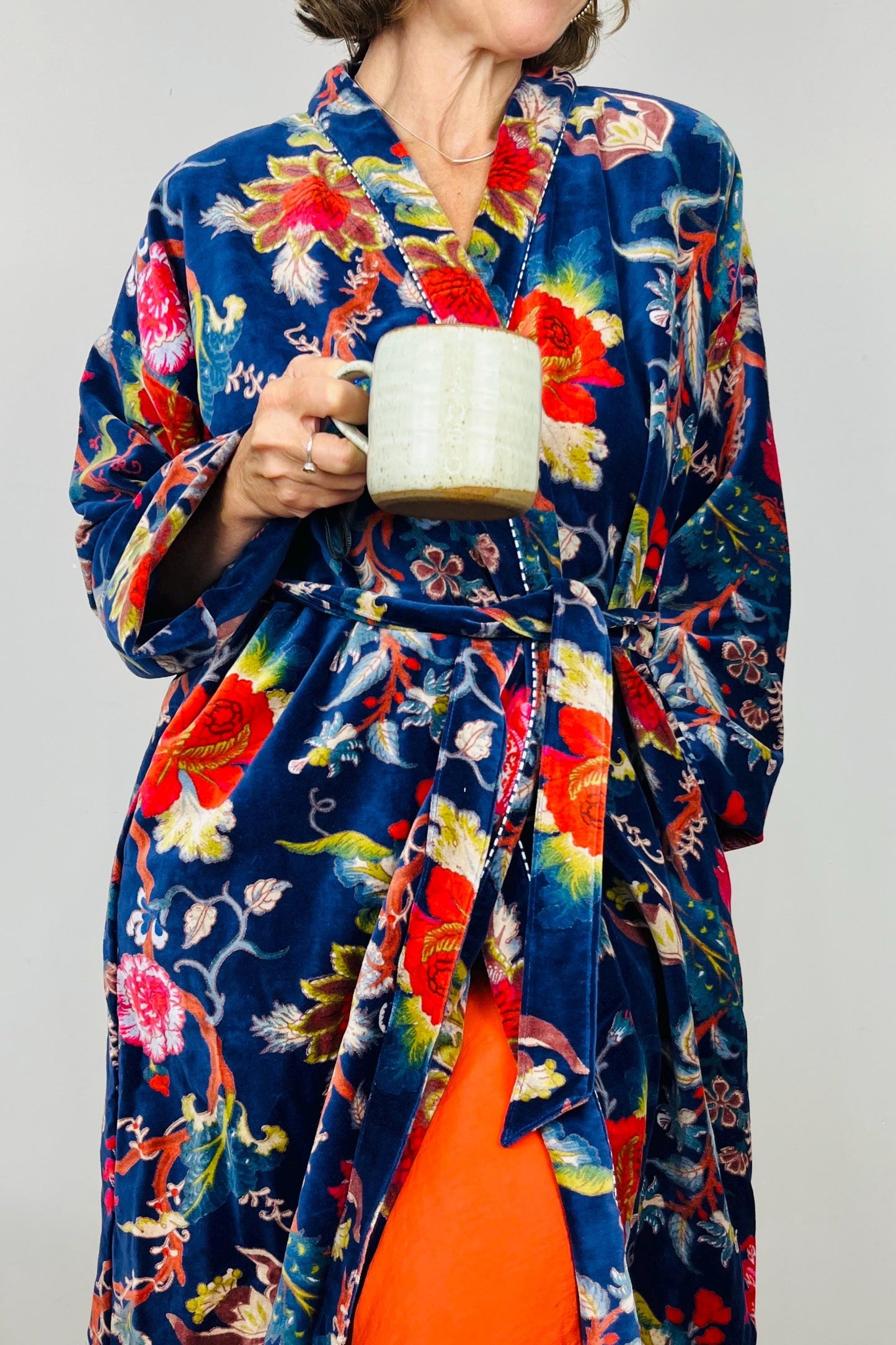Velvet Kimono Robe | Womens Cotton Lined Dressing Gown | Velour House Coat | Luxury Loungewear For Her | Navy Blue Evening Jacket | Handmade