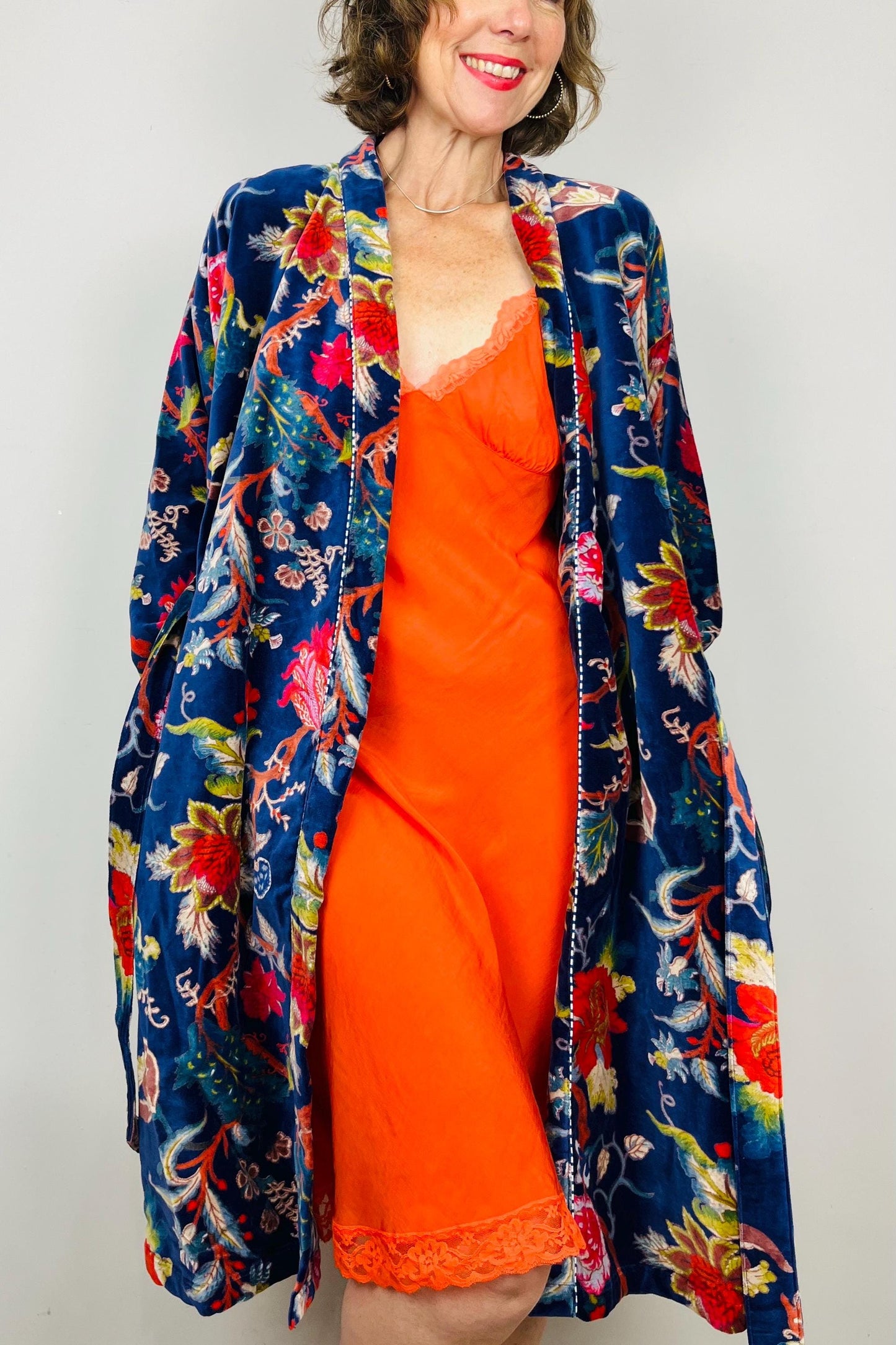 Velvet Kimono Robe | Womens Cotton Lined Dressing Gown | Velour House Coat | Luxury Loungewear For Her | Navy Blue Evening Jacket | Handmade