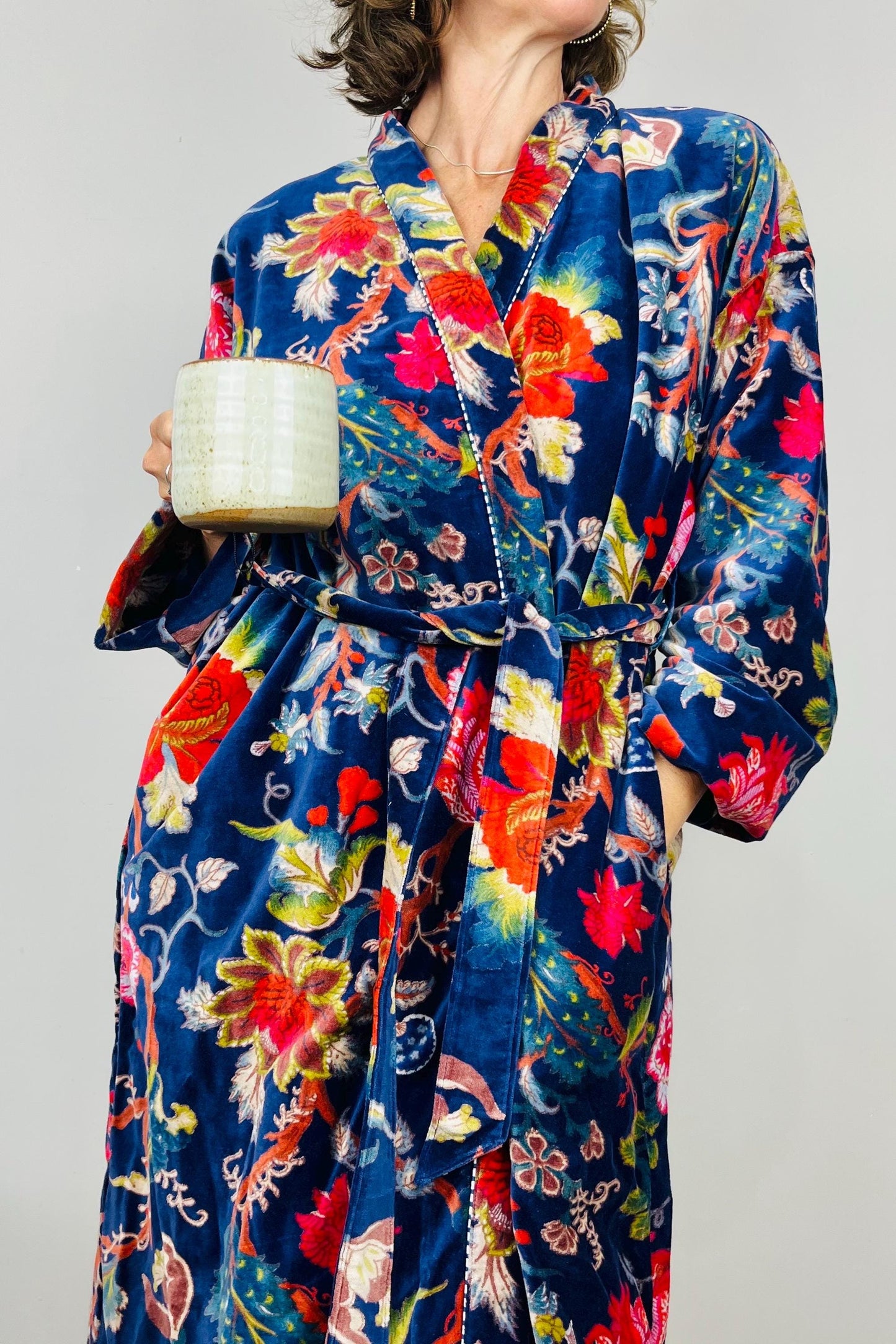 Velvet Kimono Robe | Womens Cotton Lined Dressing Gown | Velour House Coat | Luxury Loungewear For Her | Navy Blue Evening Jacket | Handmade