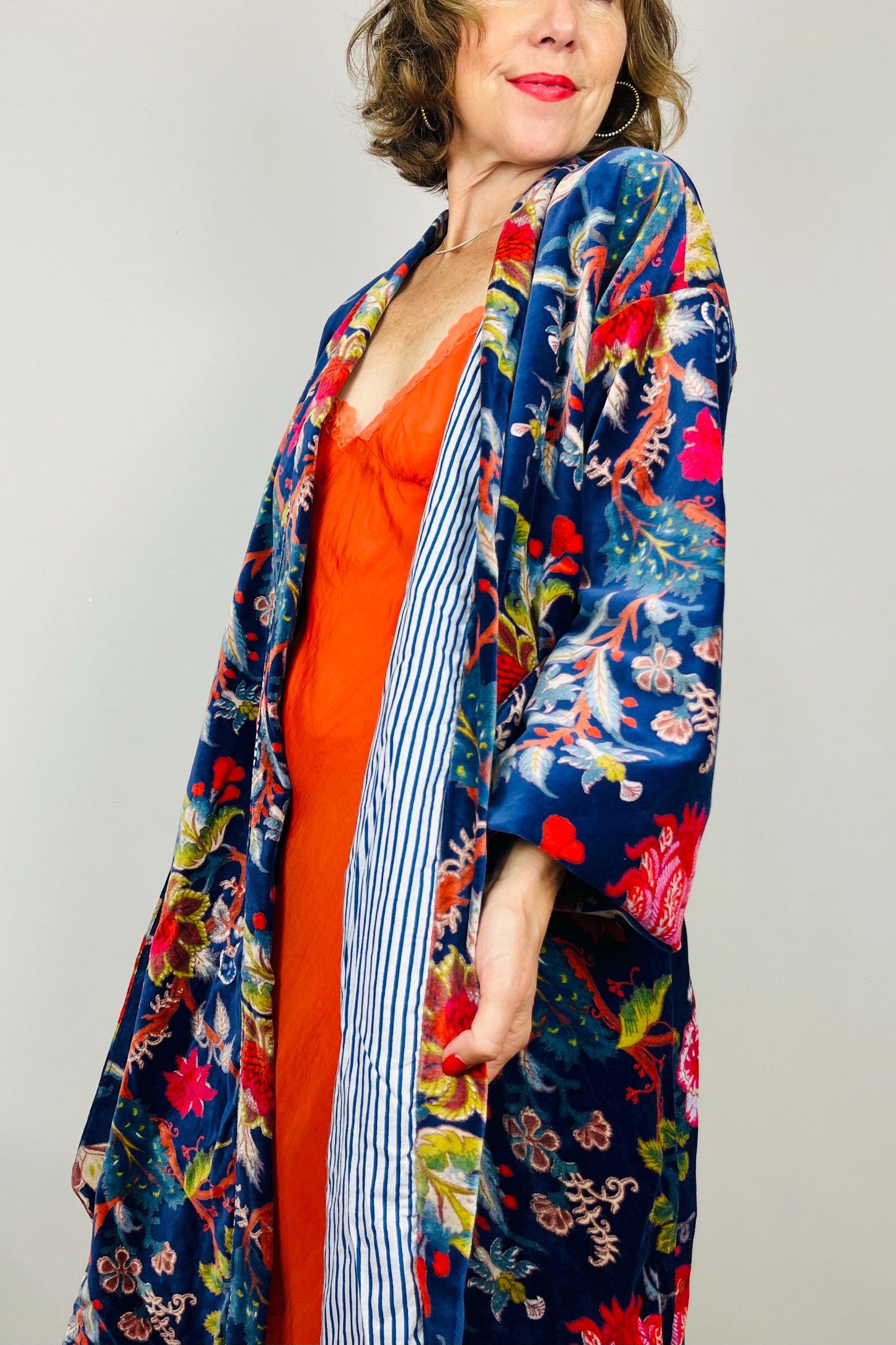 Velvet Kimono Robe | Womens Cotton Lined Dressing Gown | Velour House Coat | Luxury Loungewear For Her | Navy Blue Evening Jacket | Handmade
