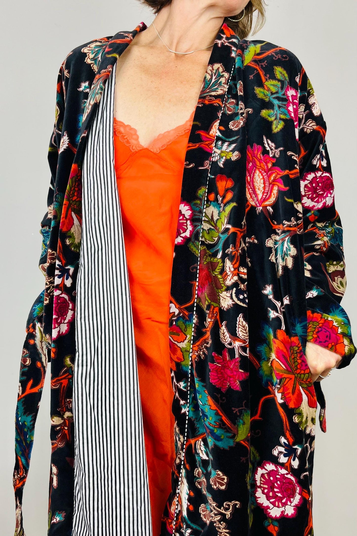 Velvet Kimono Robe | Womens Cotton Lined Dressing Gown | Velour House Coat | Luxury Loungewear For Her | Black Evening Jacket | Handmade