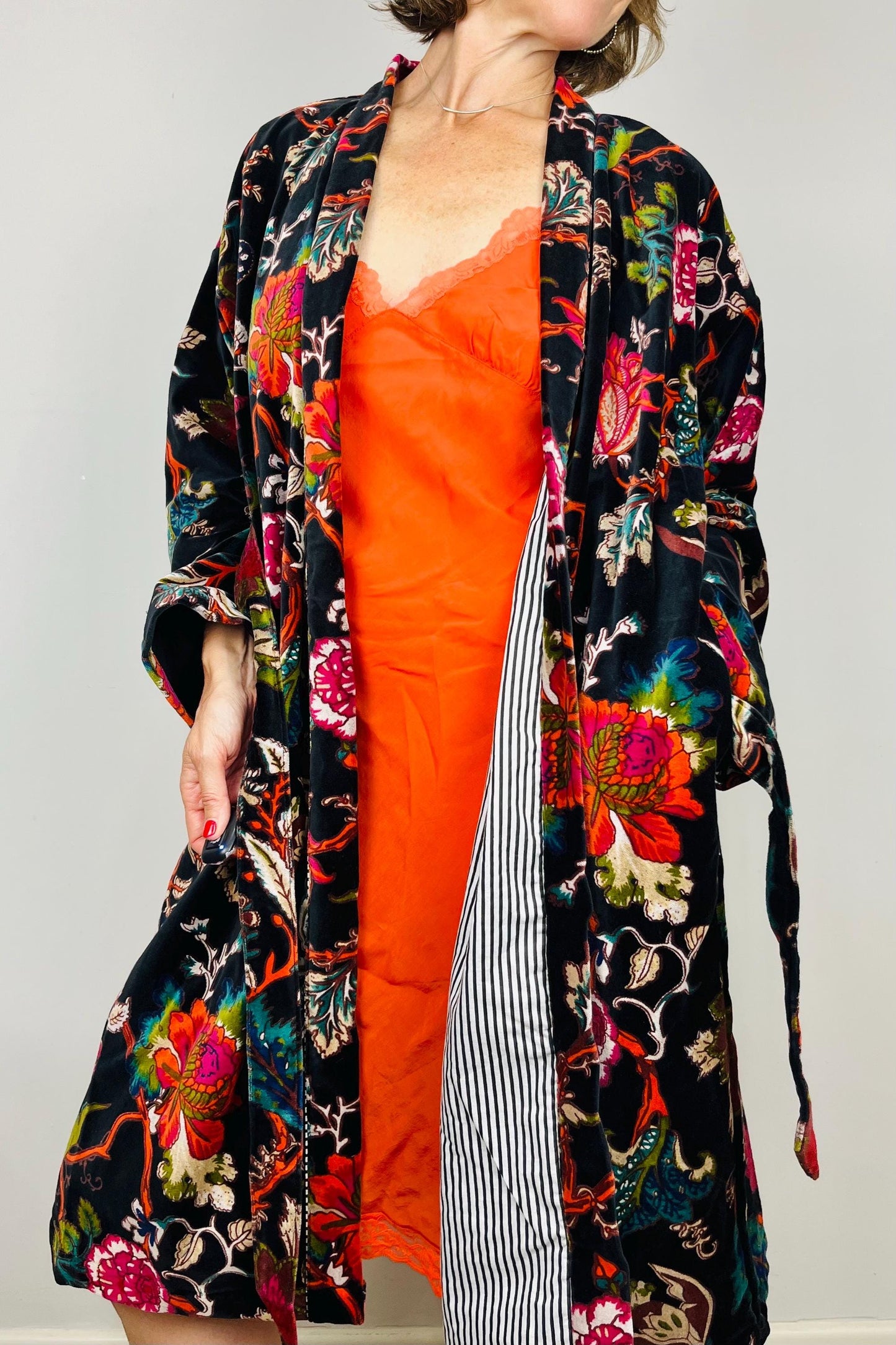 Velvet Kimono Robe | Womens Cotton Lined Dressing Gown | Velour House Coat | Luxury Loungewear For Her | Black Evening Jacket | Handmade